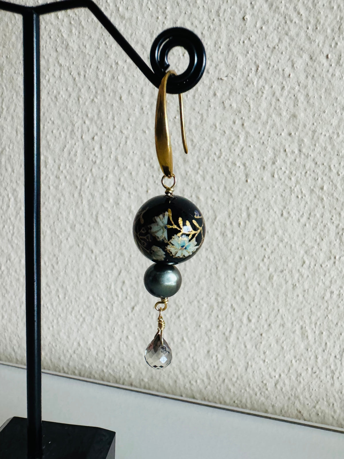 Japanese Tensha Bead Earrings, Surgical Stainless Steel Gold  Hooks, Black Pearl Dangle Earrings, Crystal Glass, Handmade Jewellery