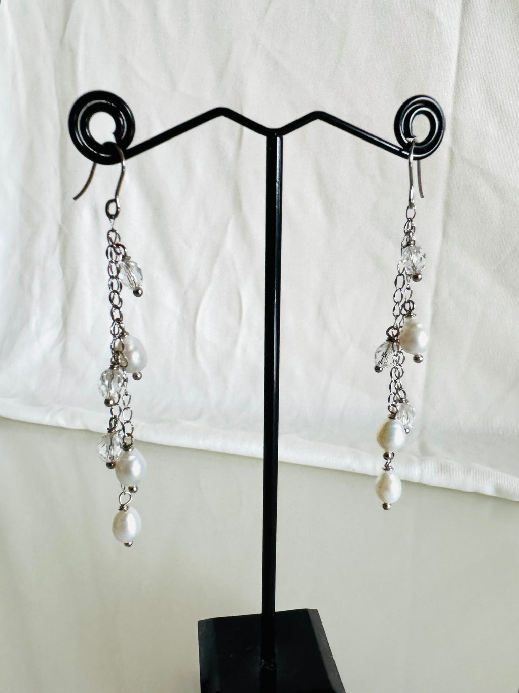 Handcrafted Teardrop Freshwater Pearl & Swarovski Crystal Earrings – Elegant Long Drop Jewelry
