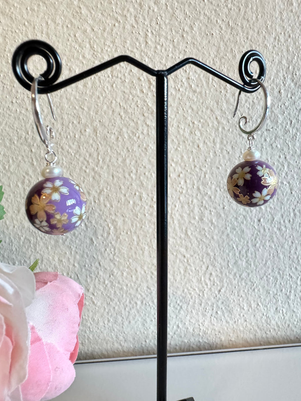 Sterling silver Japanese tensha beads and freshwater pearl earrings