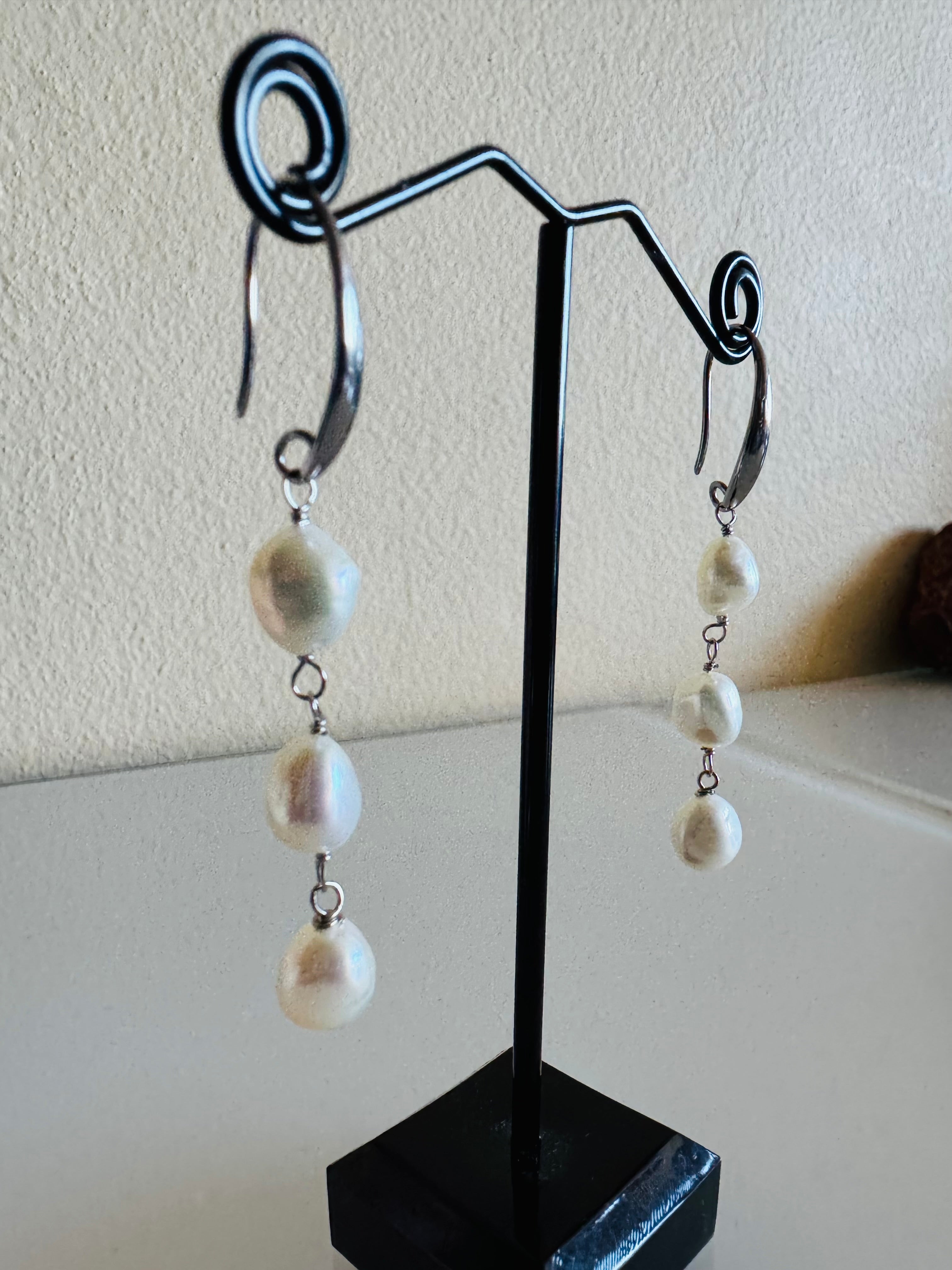 Freshwater Off Round White Pearl Trilogy Earrings with Surgical Stainless Settings, Tarnish Fee, Waterproof, Handmade Australia, Gift for Her