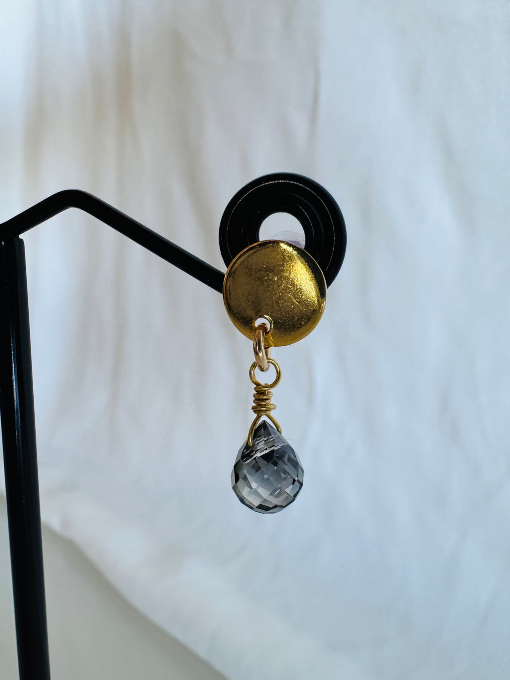 Handmade Dark Grey Crystal Drop Earrings, Surgical Stainless Gold Studs, Lightweight (1.5g)