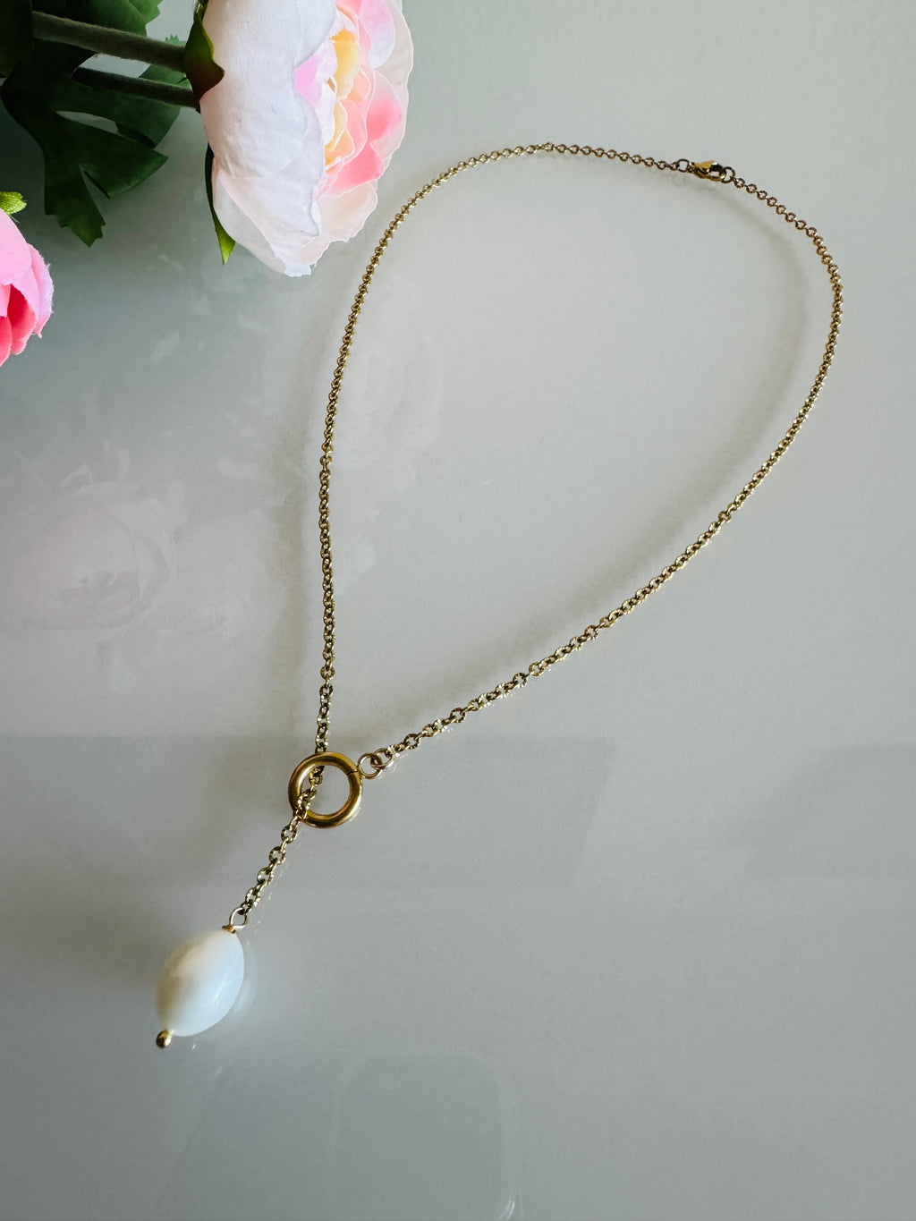 Handmade Freshwater Pearl Necklace, Gold Surgical Stainless Steel Chain Choker, Tarnish Free, Waterproof Necklace, Minimalist Dangle Jewelry
