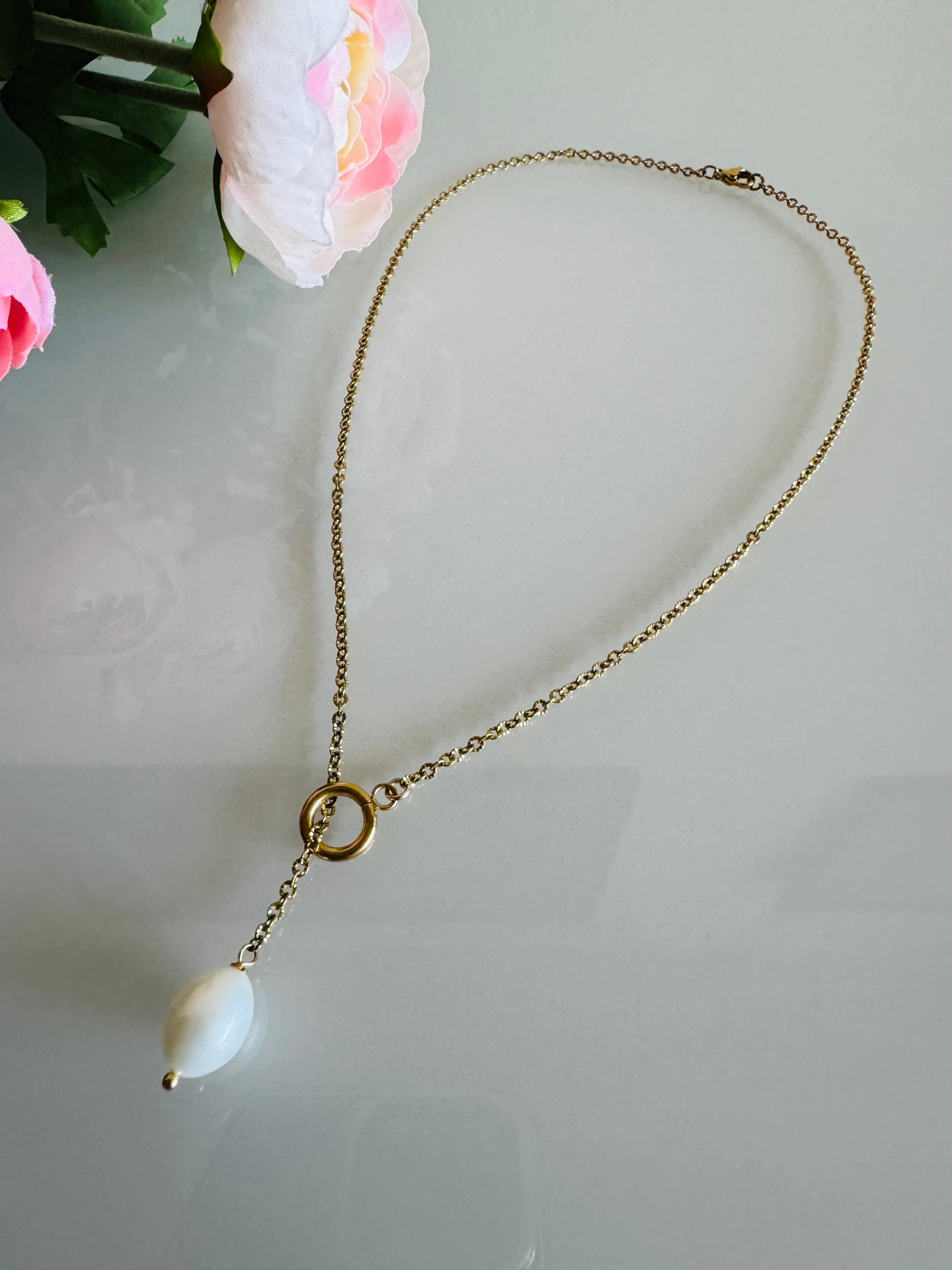 Handmade Freshwater Pearl Necklace, Gold Surgical Stainless Steel Chain Choker, Tarnish Free, Waterproof Necklace, Minimalist Dangle Jewelry