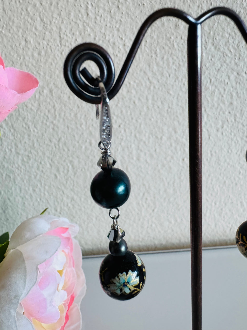 Japanese Tensha Bead Earrings, Sterling Silver Freshwater Black Pearl Dangle Earrings, Swarovski Crystal, Handmade Floral Drop Jewellery