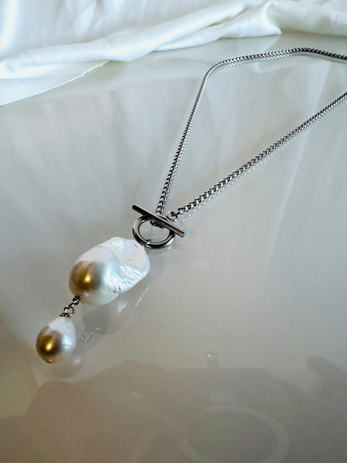 Handmade Baroque Pearl Toggle Necklace, Surgical Stainless Steel Chain, Minimalist Jewelry