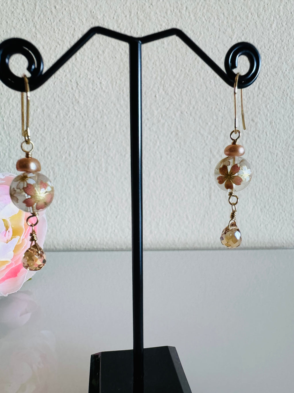 Japanese Tensha Beads and Crystal Earrings with Surgical Gold Stainless Settings
