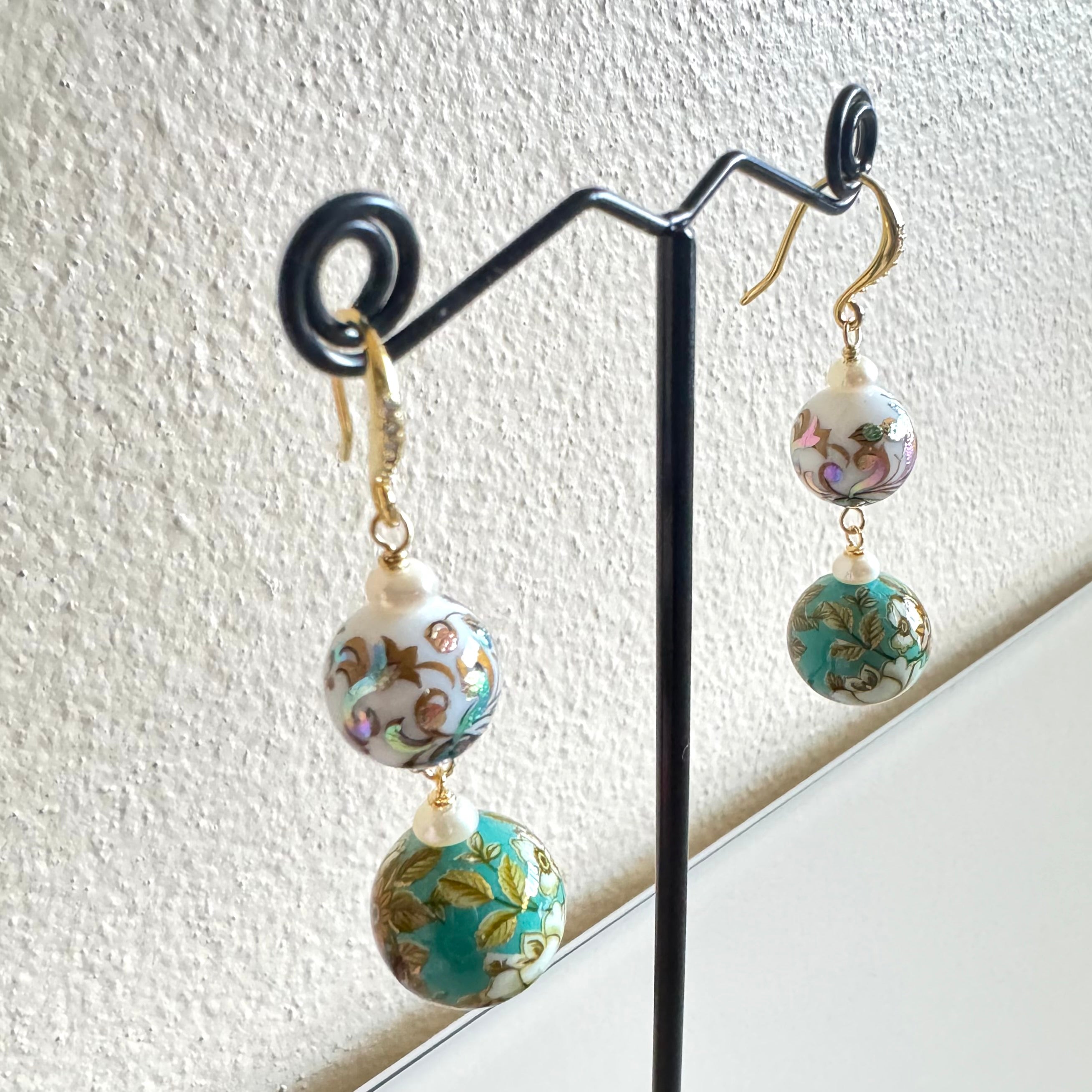 Japanese tensha beads and freshwater pearl earrings with Sterling Silver gold plated hooks