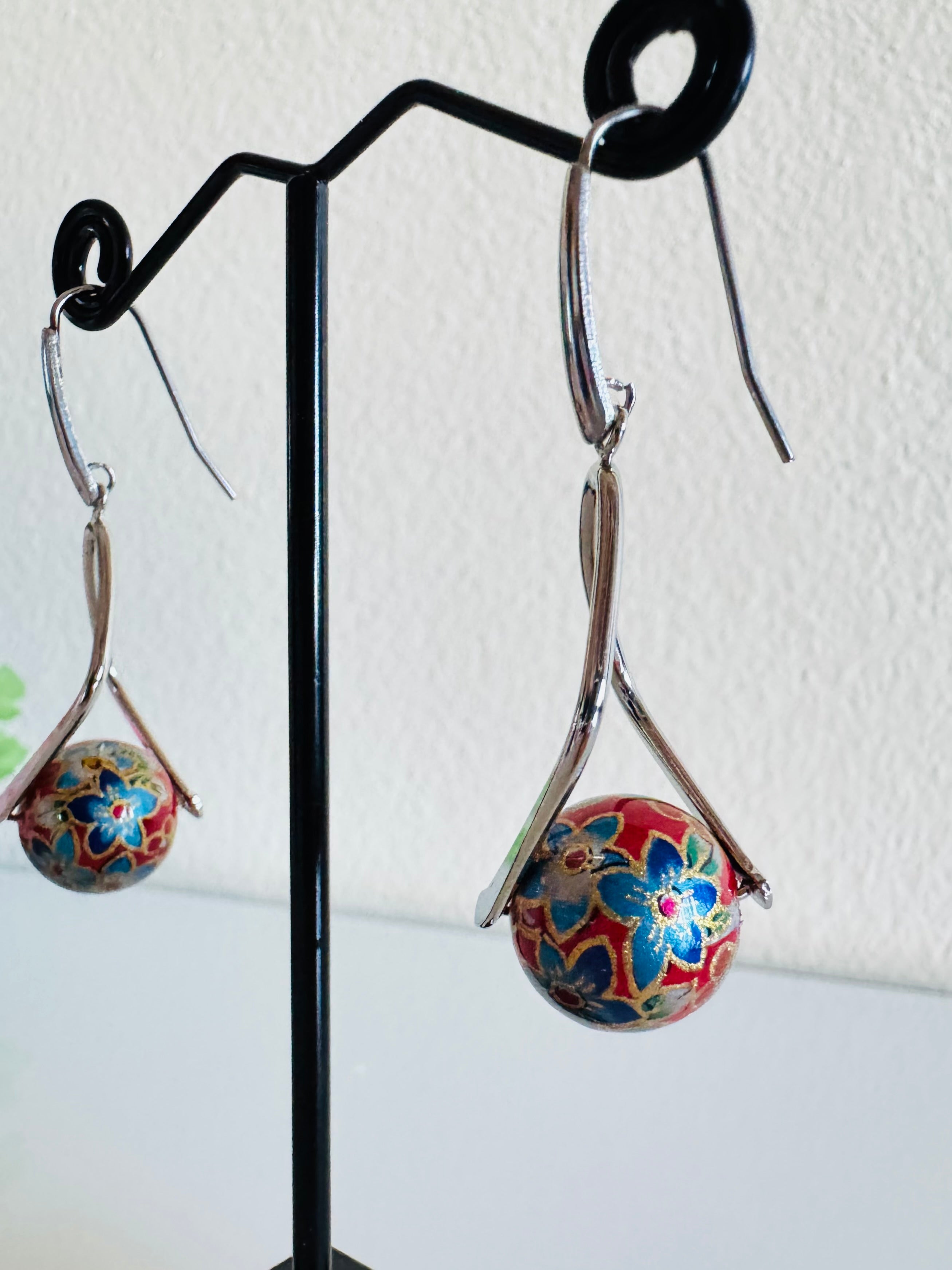 Japanese Tensha Beads Earrings - Red Floral | Stainless Steel Hooks