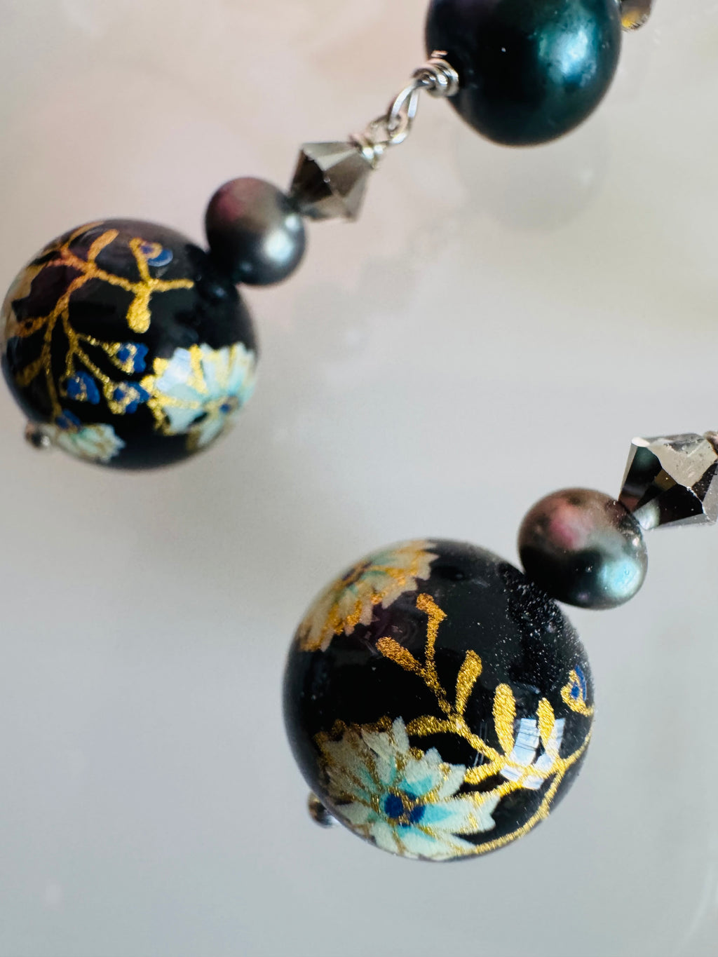 Japanese Tensha Bead Earrings, Sterling Silver Freshwater Black Pearl Dangle Earrings, Swarovski Crystal, Handmade Floral Drop Jewellery
