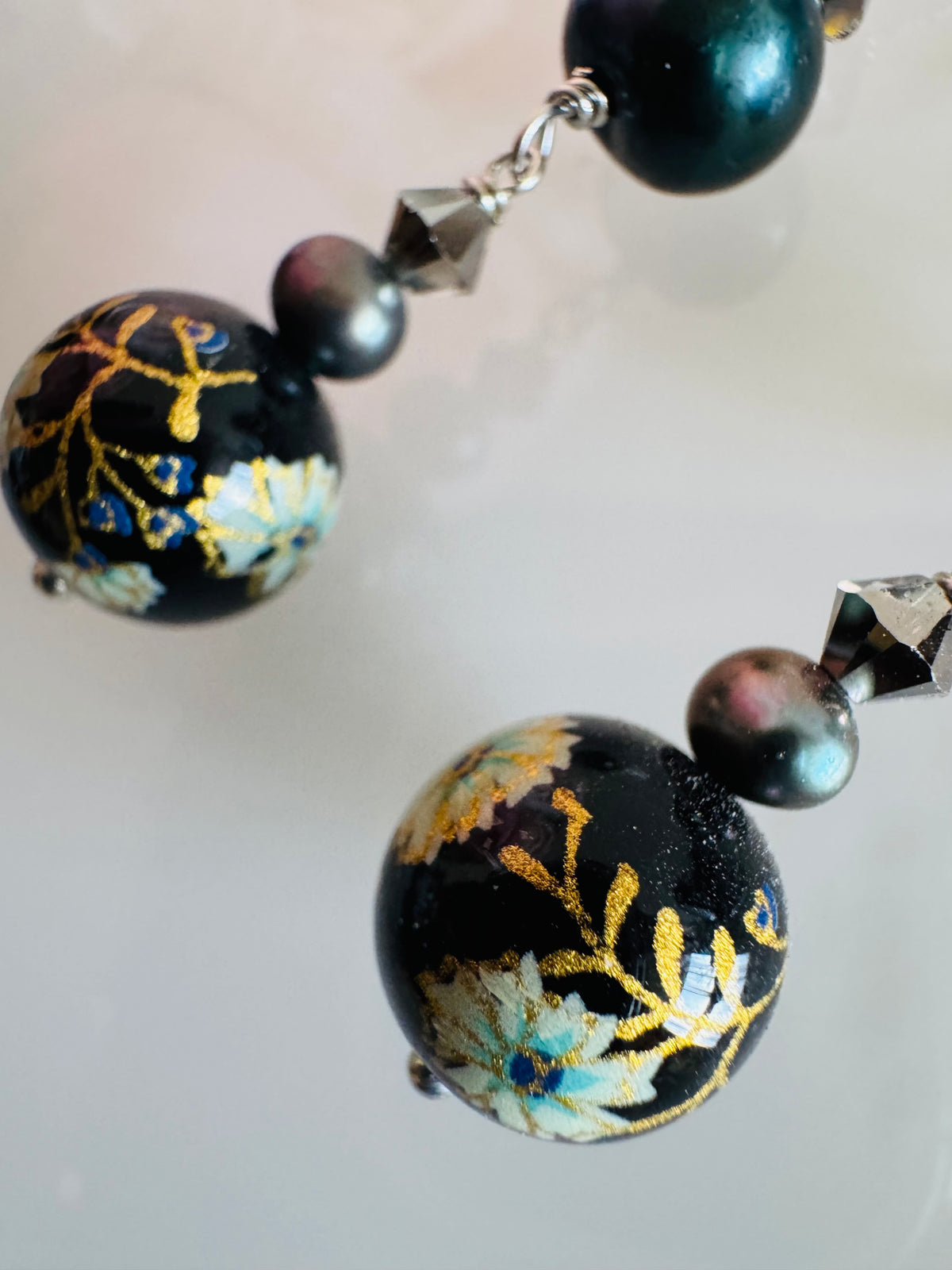 Japanese Tensha Bead Earrings, Sterling Silver Freshwater Black Pearl Dangle Earrings, Swarovski Crystal, Handmade Floral Drop Jewellery