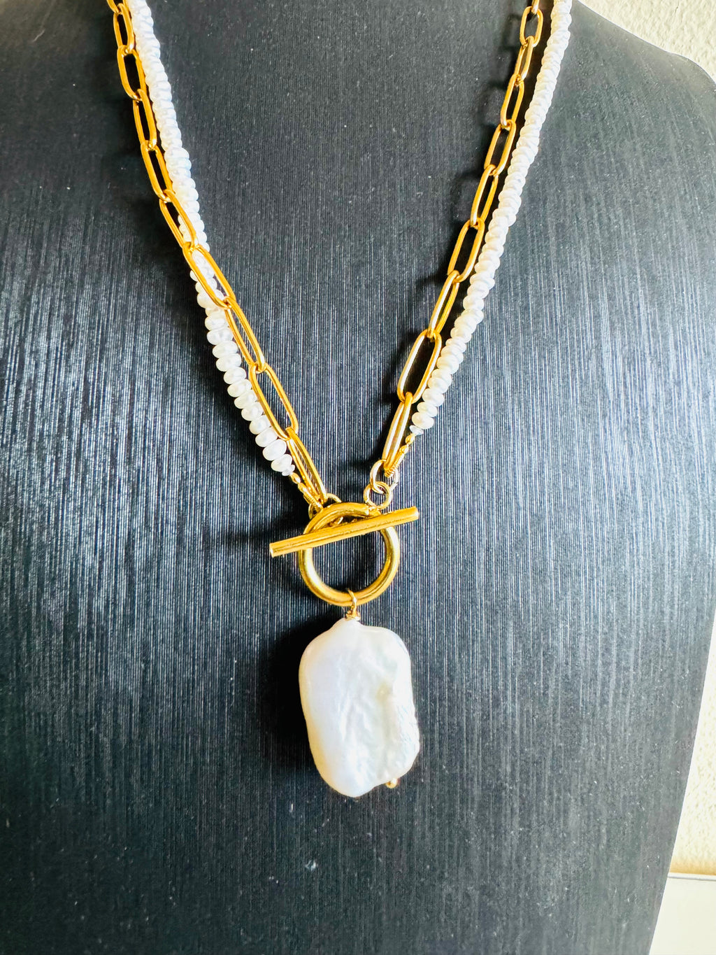 Large Rectangular Baroque Pearl Pendant Necklace, Surgical Stainless Gold Toggle Clasp and Chain, Freshwater Mini Pearls, Handmade Sydney