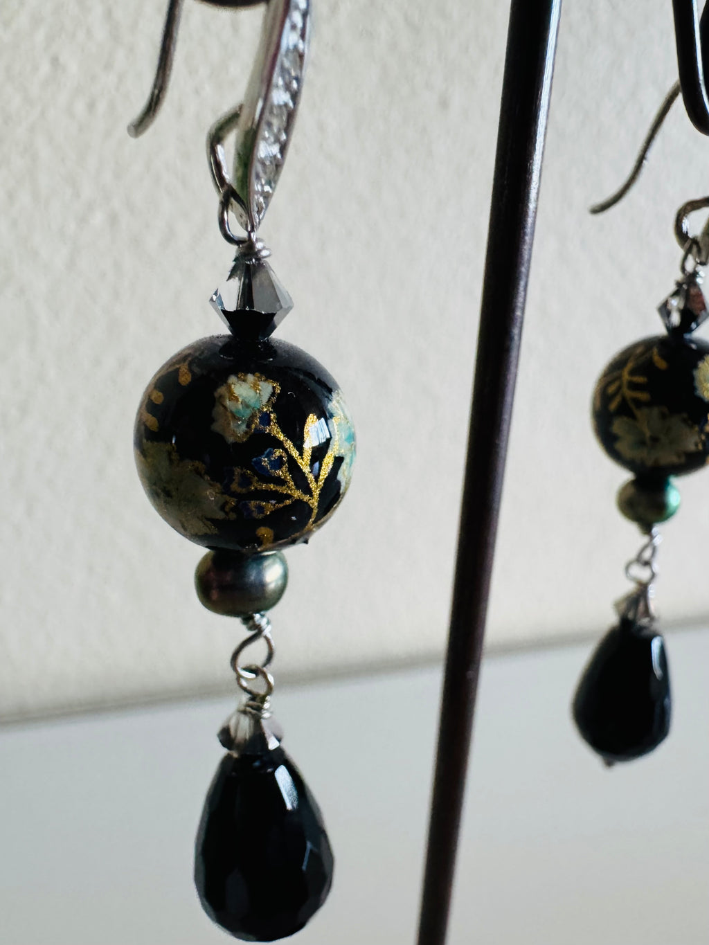Japanese Tensha Bead & Onyx Earrings, Sterling Silver Freshwater Black Pearl Dangle Earrings, Swarovski Crystal, Handmade Australia