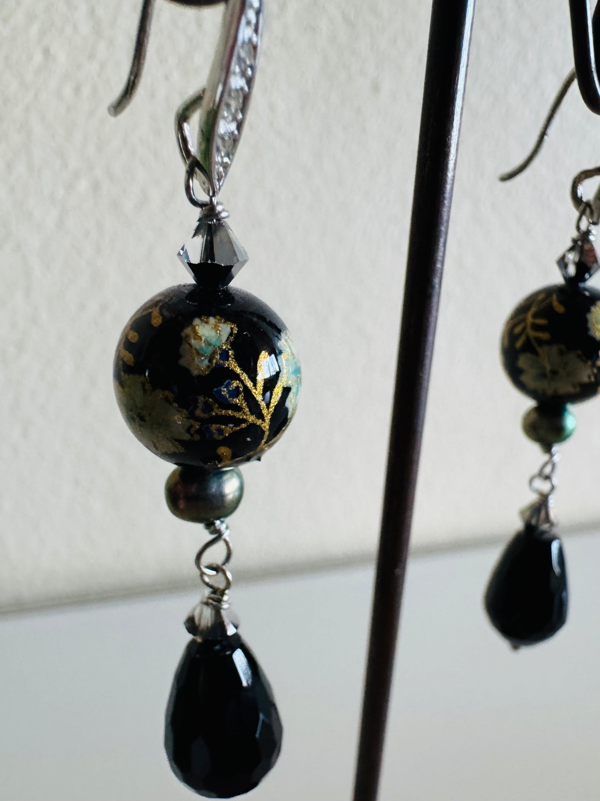 Japanese Tensha Bead & Onyx Earrings, Sterling Silver Freshwater Black Pearl Dangle Earrings, Swarovski Crystal, Handmade Australia