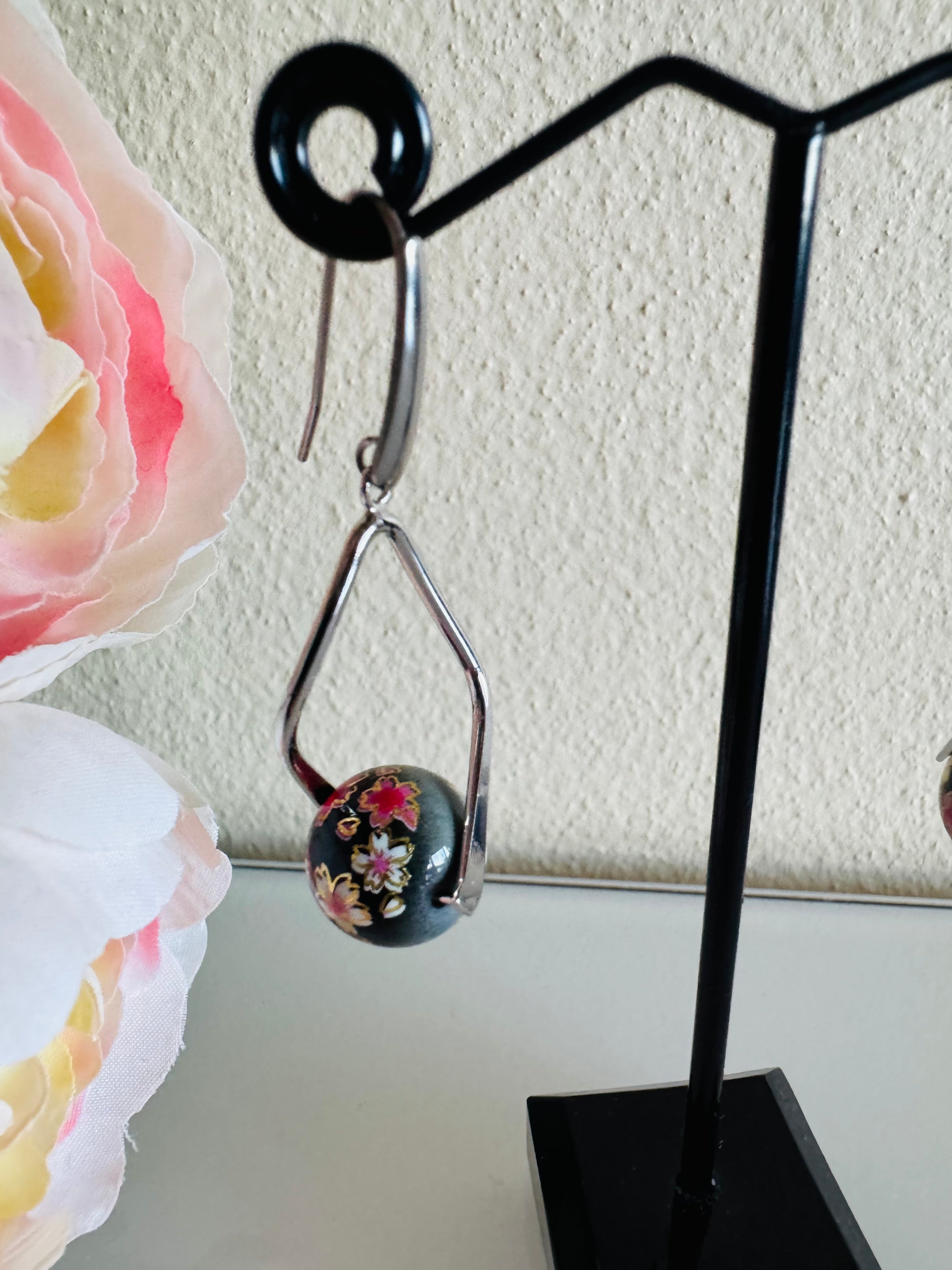Japanese Tensha Beads Earrings - Black Sakura Floral | Stainless Steel Hooks
