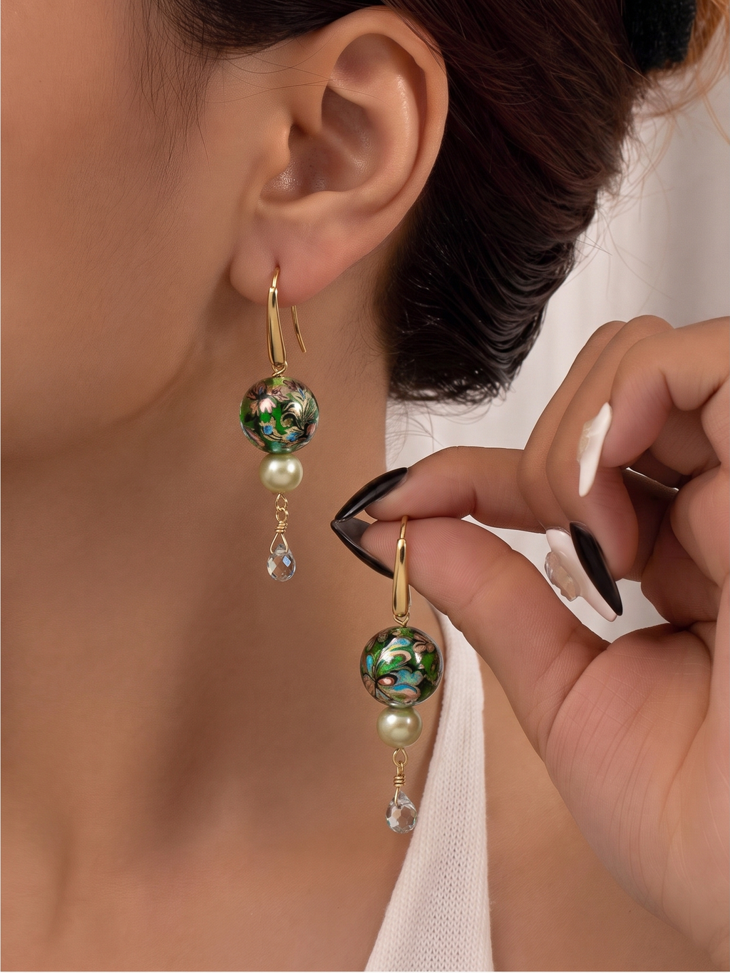 Japanese Tensha Beads Green Freshwater Pearl Round and Crystal Drop Earrings with Surgical Golden Stainless Hooks, Tarnish Free