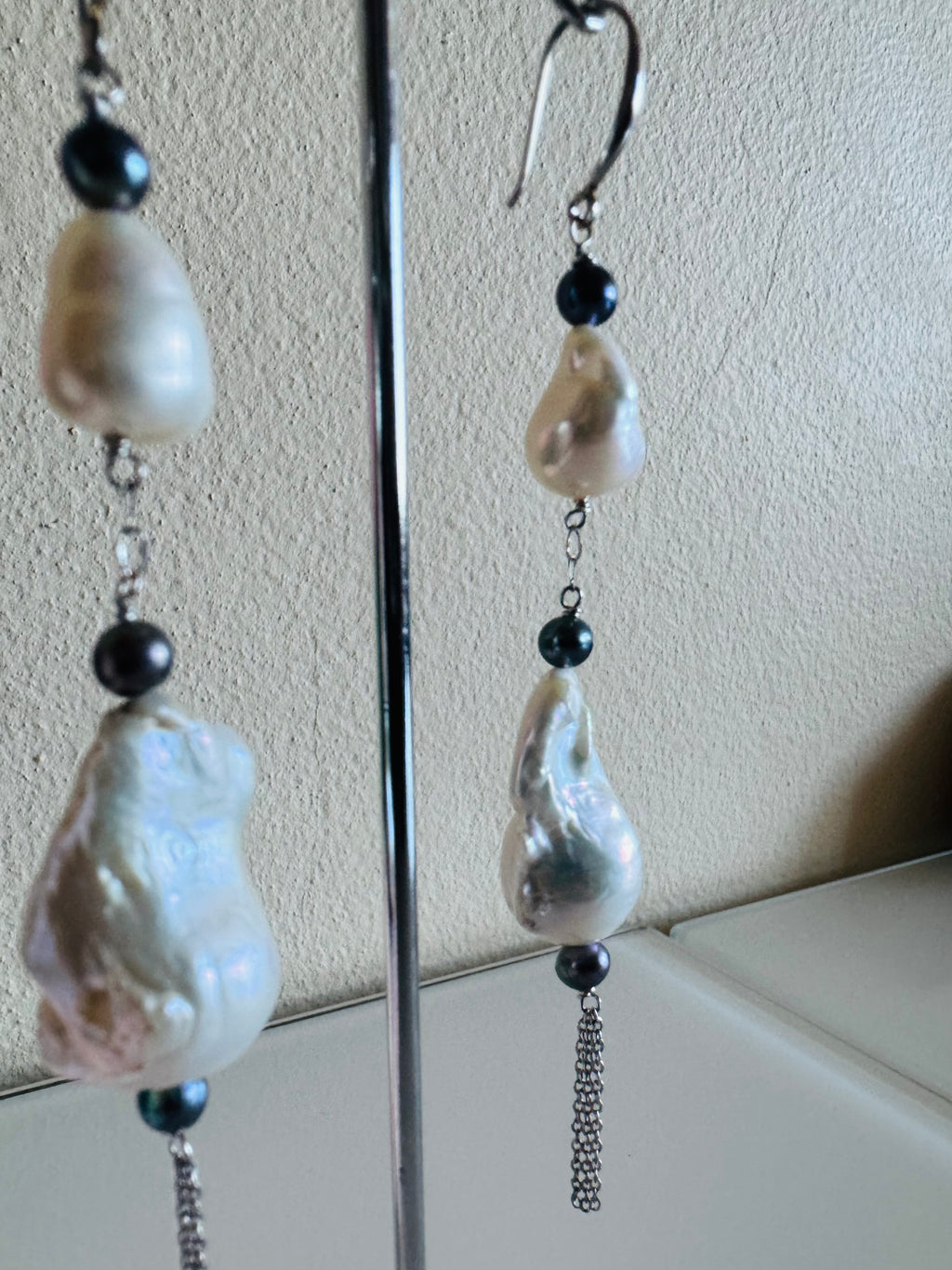 Large Freshwater Pearl Earrings with Sterling Silver Hooks and Surgical Stainless Settings and Chains