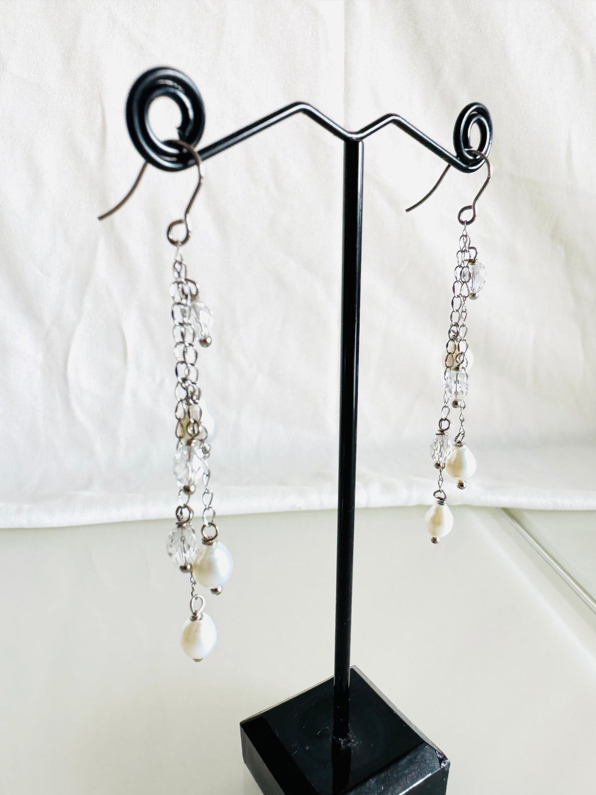 Handcrafted Teardrop Freshwater Pearl & Swarovski Crystal Earrings – Elegant Long Drop Jewelry