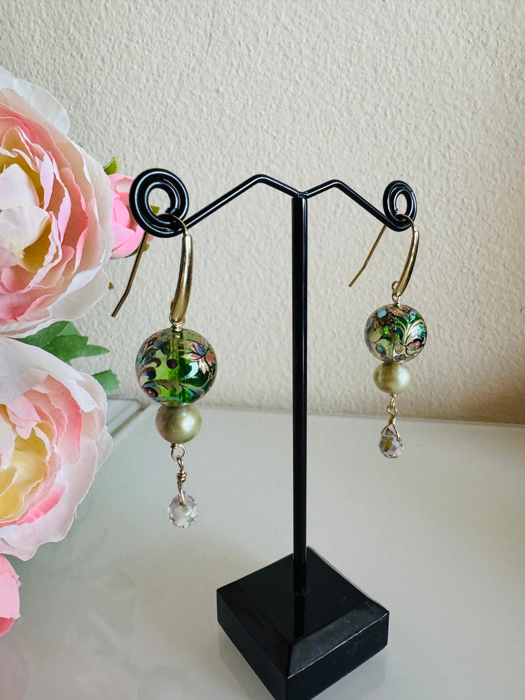 Japanese Tensha Beads Green Freshwater Pearl Round and Crystal Drop Earrings with Surgical Golden Stainless Hooks, Tarnish Free