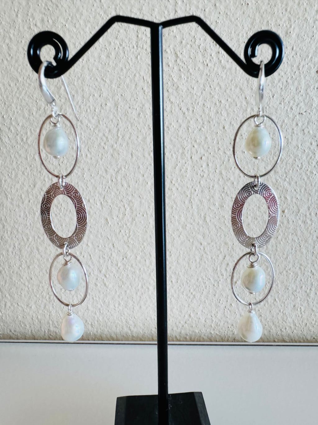 Sterling Silver Freshwater Pearl Trilogy Earrings Long Dangle Statement Earrings Handmade in Australia Gift for Her Anniversary Gift
