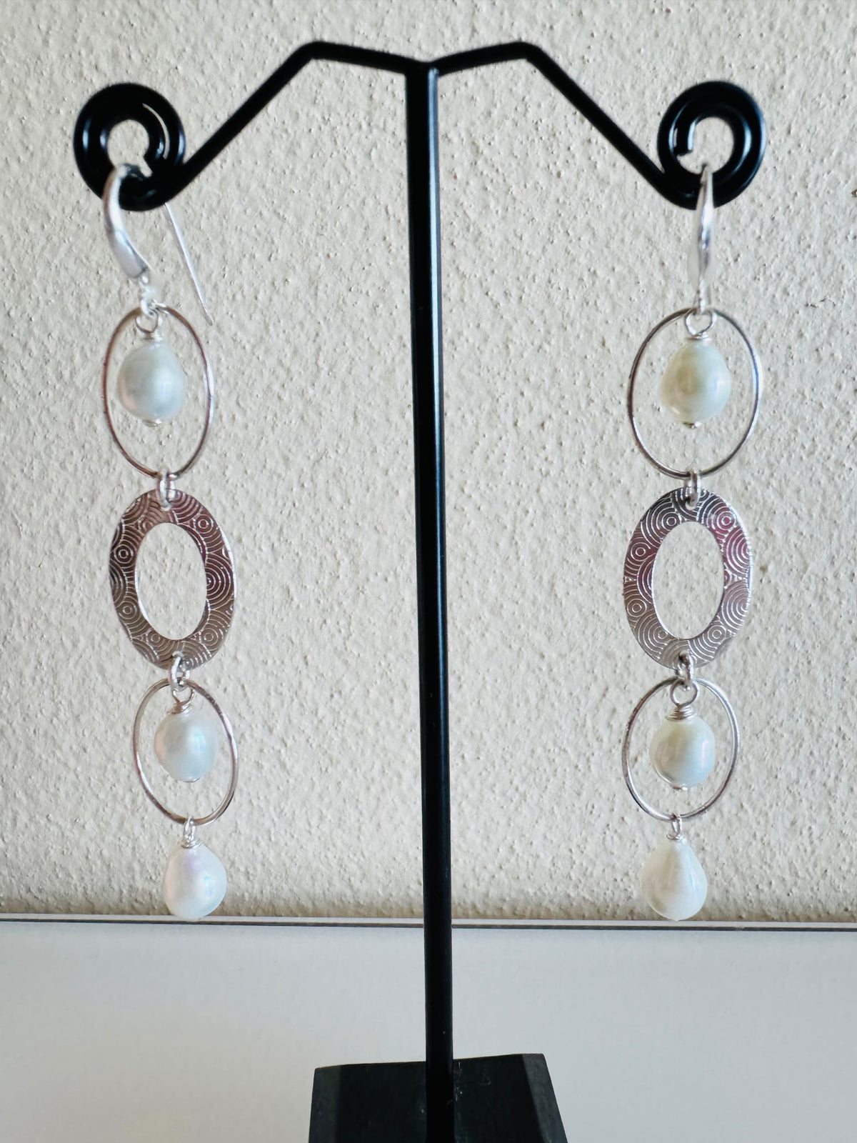 Sterling Silver Freshwater Pearl Trilogy Earrings Long Dangle Statement Earrings Handmade in Australia Gift for Her Anniversary Gift