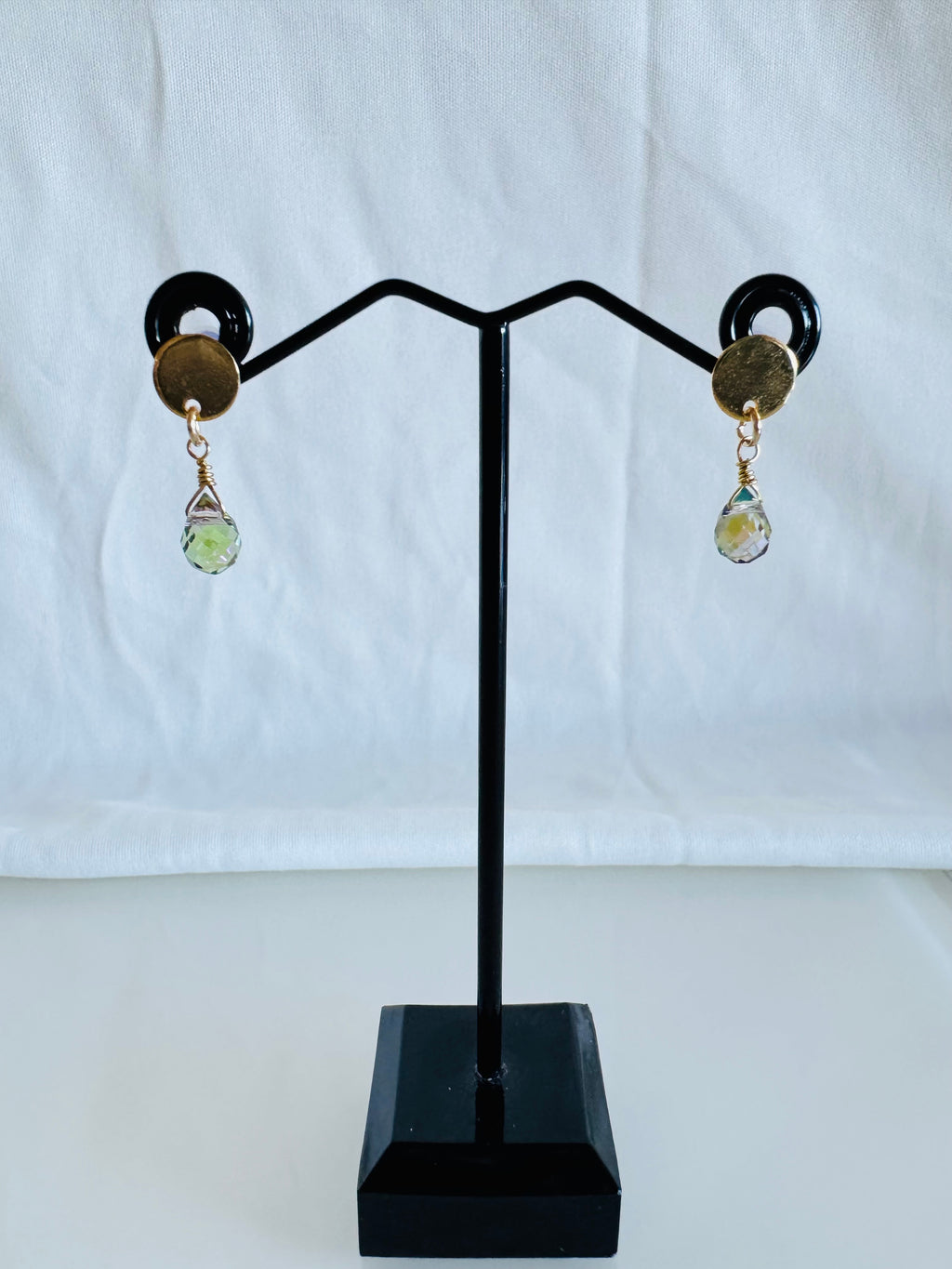 Handmade Crystal Drop Earrings, Green-Purple Briolette, Surgical Stainless Gold Studs (1.5g)
