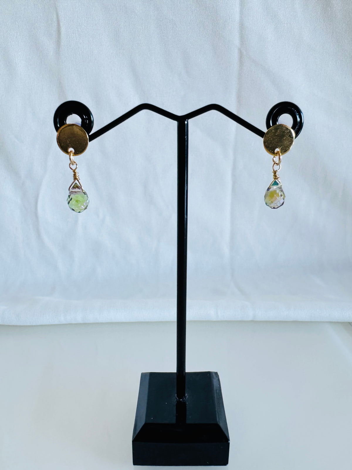 Handmade Crystal Drop Earrings, Green-Purple Briolette, Surgical Stainless Gold Studs (1.5g)