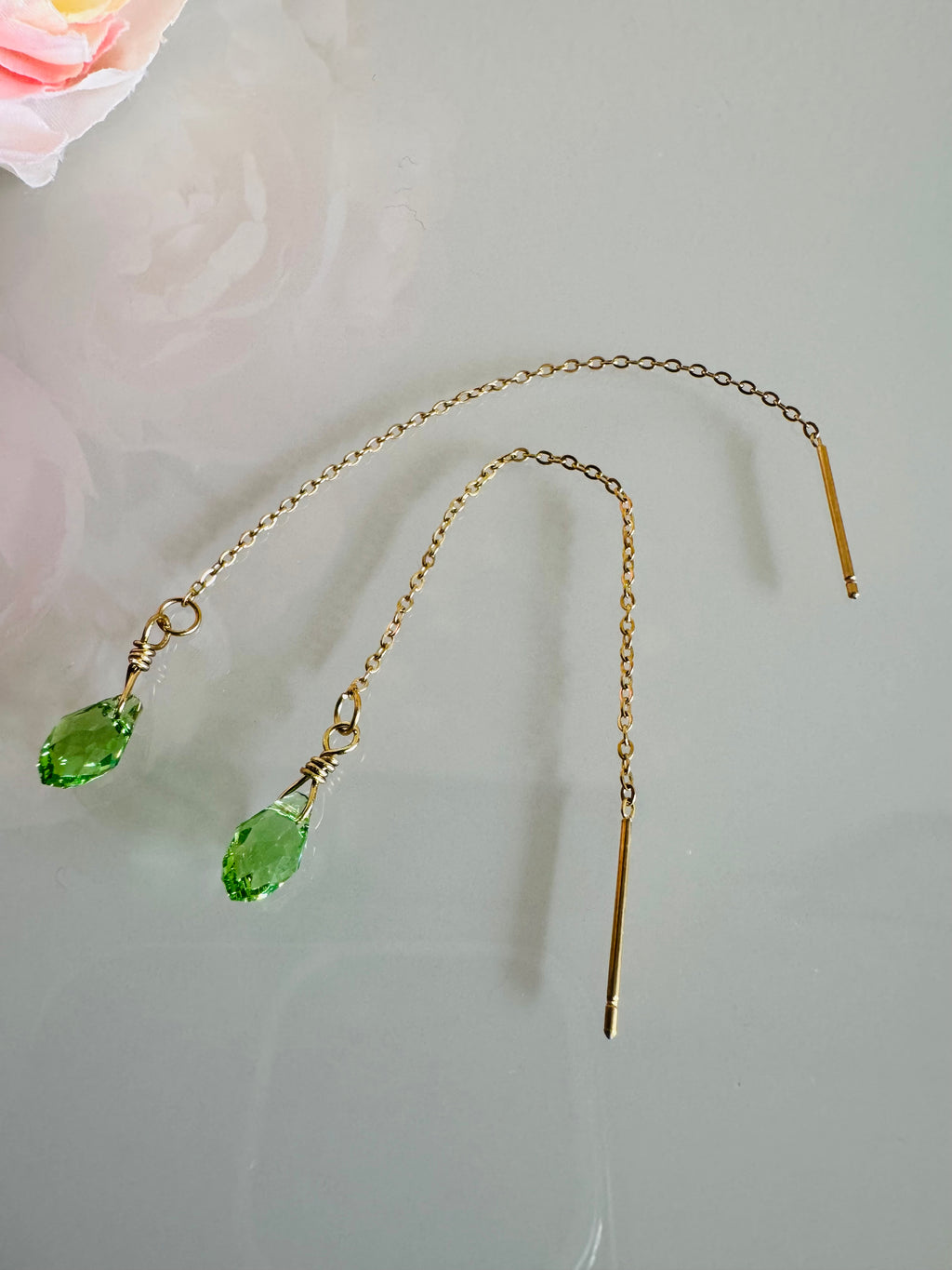 Swarovski Crystal Drop Earrings, Surgical Stainless Gold Dangle Chain Earrings, Handmade Australian Jewellery, Peridot Green Colour