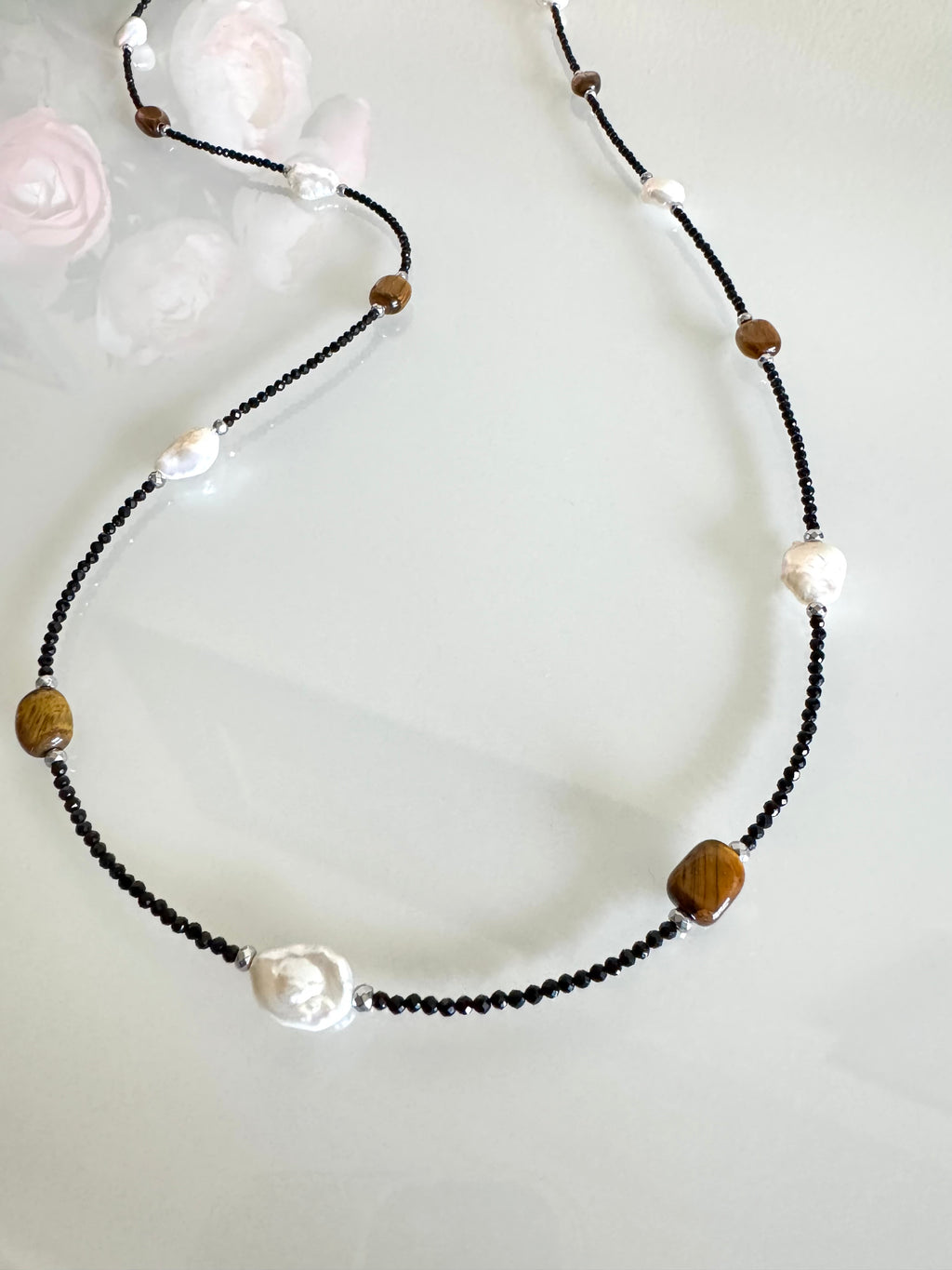 Black spinel, Tiger’s eye, freshwater pearl and hematite long necklace plus shorten clasps 