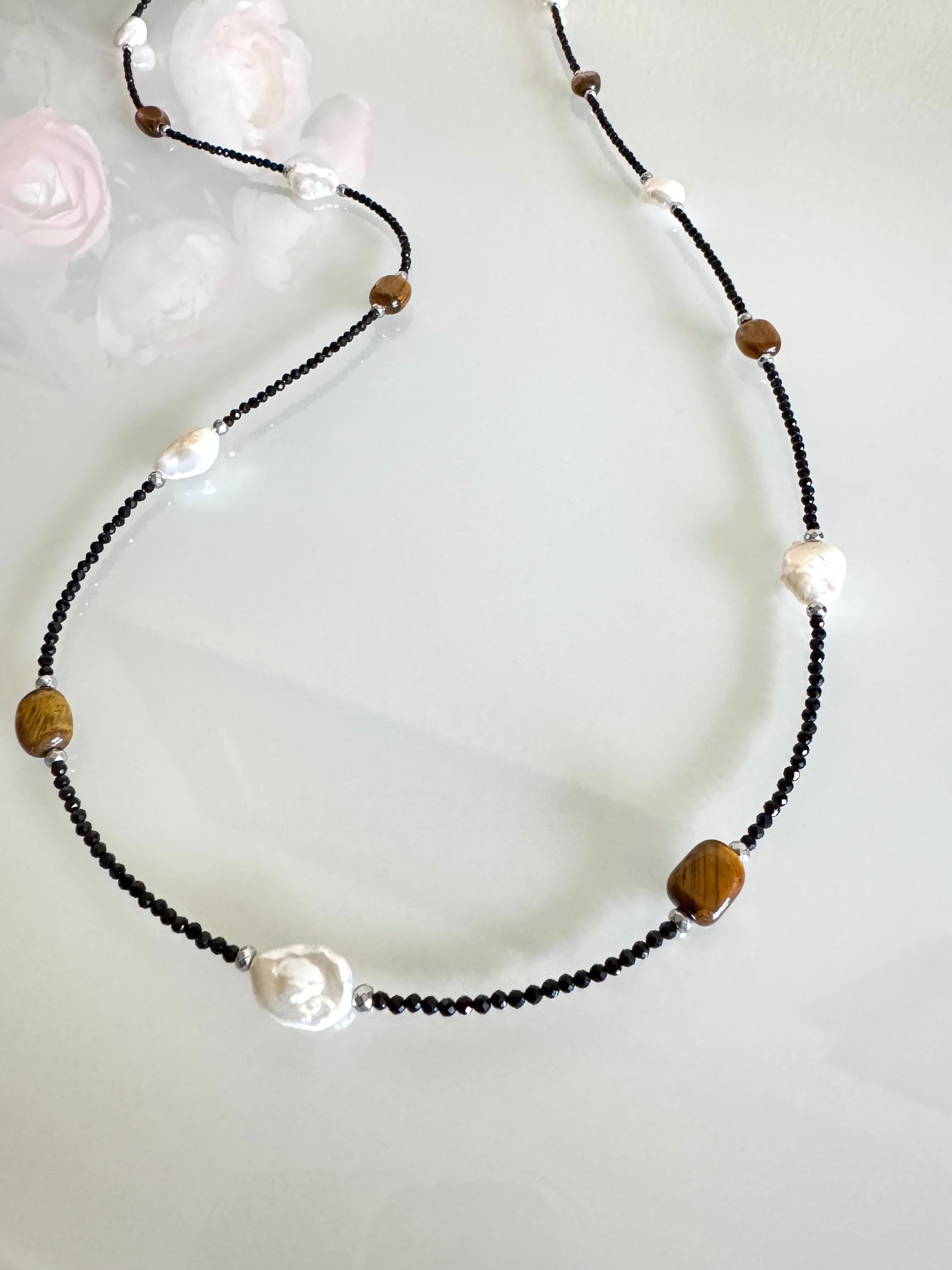 Black spinel, Tiger’s eye, freshwater pearl and hematite long necklace plus shorten clasps 