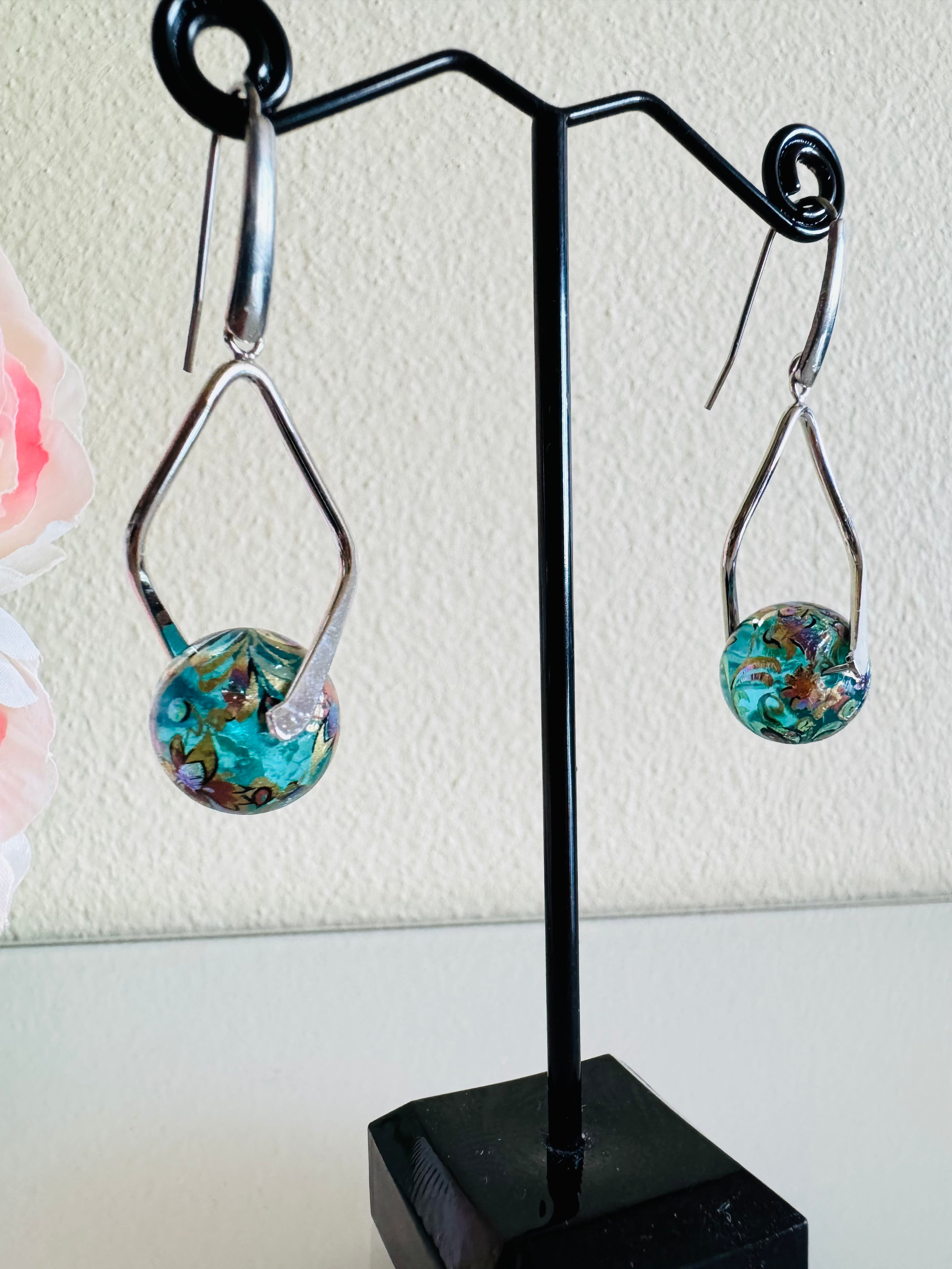 Japanese Tensha Beads Earrings - Aqua Floral Wave | Stainless Steel Hooks
