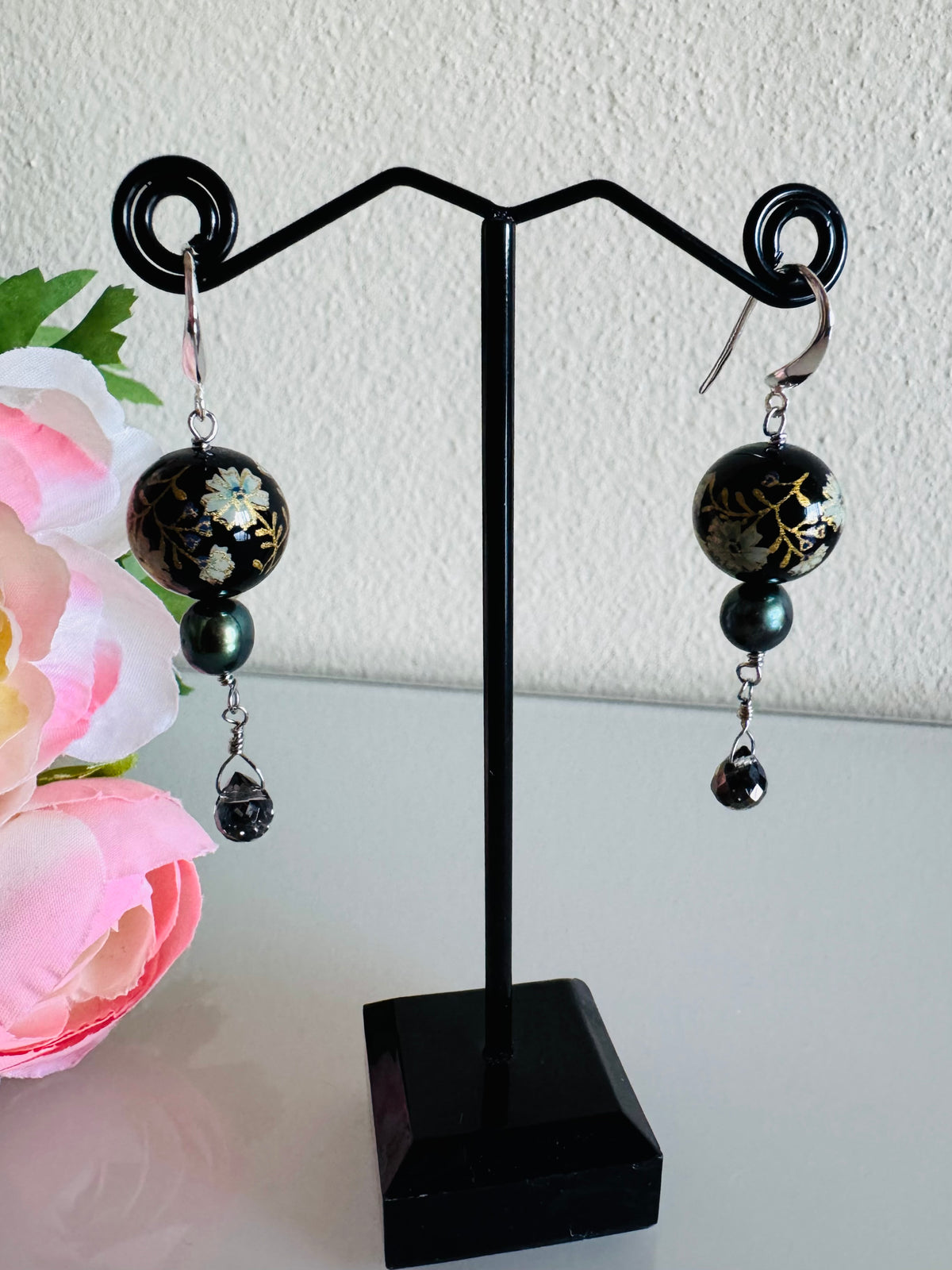 Japanese Tensha Bead Earrings, Sterling Silver Freshwater Black Pearl Dangle Earrings, Crystal Glass, Handmade Floral Drop Jewellery