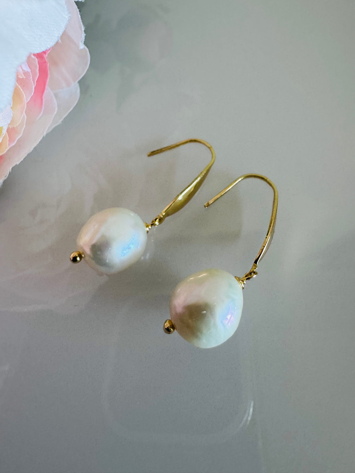 Freshwater Off Round Pearl Drop Earrings, Surgical Stainless Gold Dangle Earrings, Handmade Australian Jewellery, Gift For Her