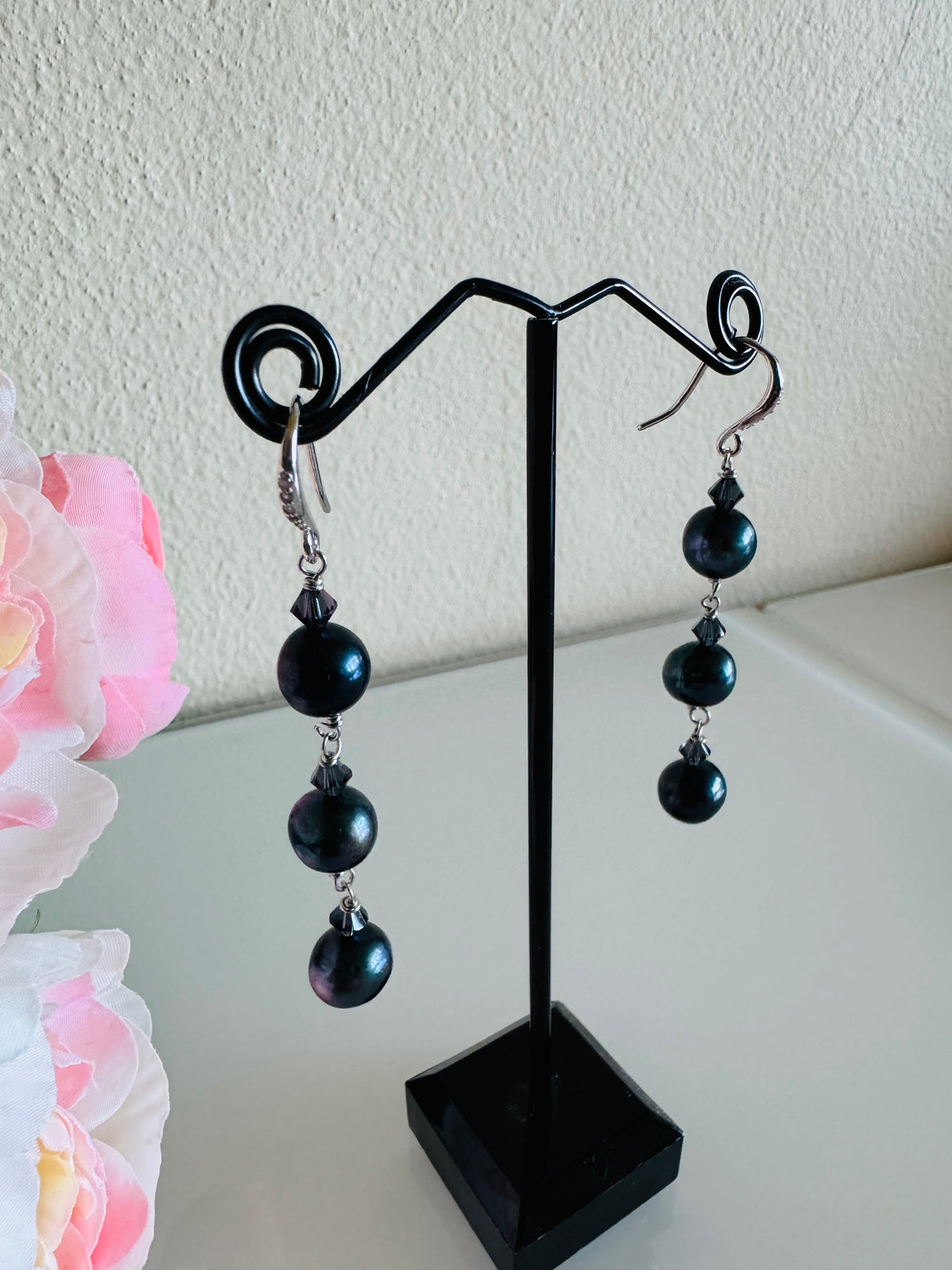 Black Freshwater Off Round Pearl Drop Trilogy Earrings With 925 Silver Hooks, Swarovski Crystals, Dangle Earrings, Anniversary Gift,
