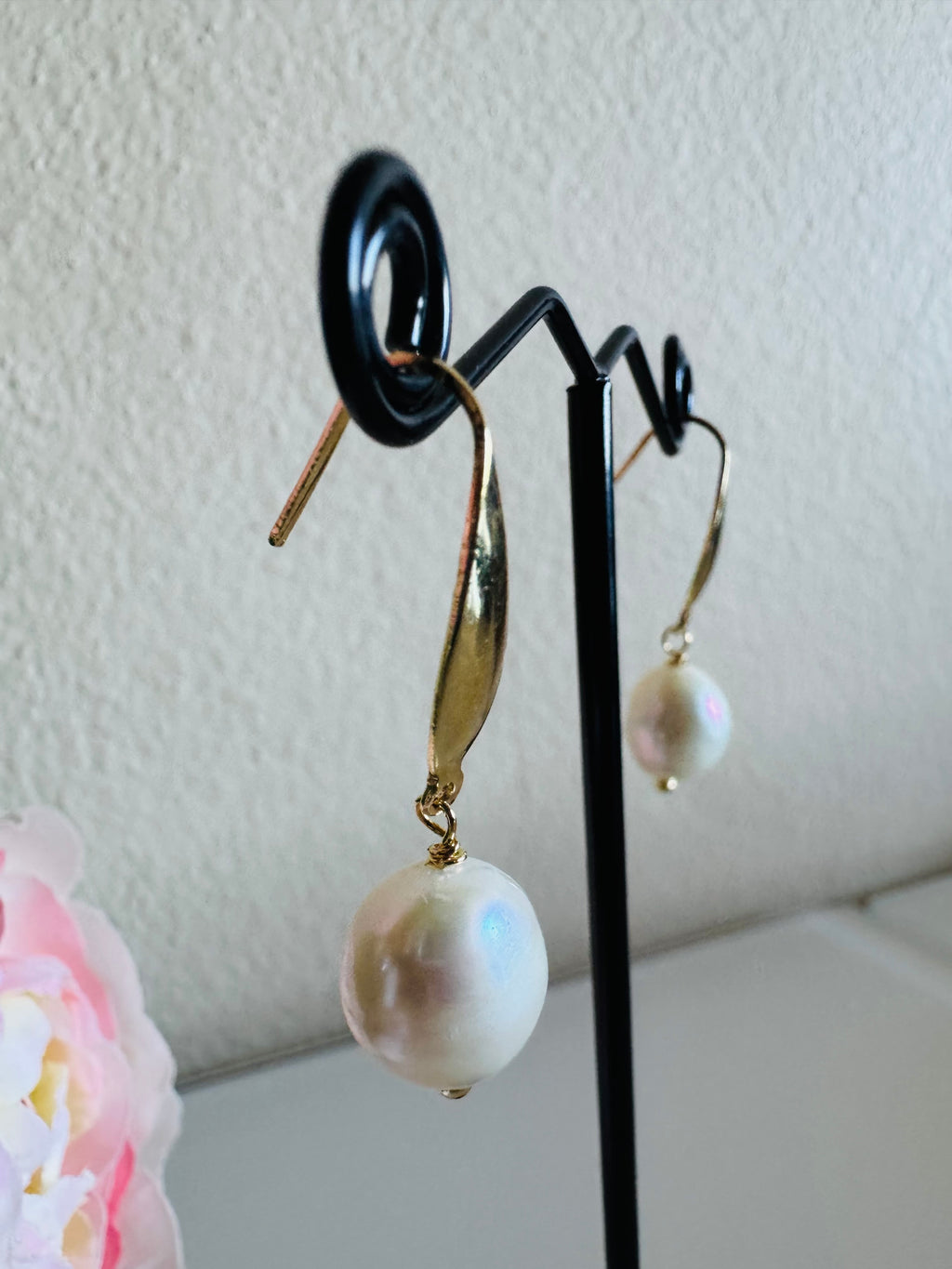 Freshwater Off Round Pearl Drop Earrings, Surgical Stainless Gold Dangle Earrings, Handmade Australian Jewellery, Gift For Her