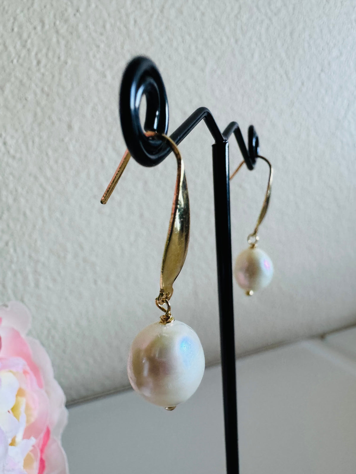 Freshwater Off Round Pearl Drop Earrings, Surgical Stainless Gold Dangle Earrings, Handmade Australian Jewellery, Gift For Her