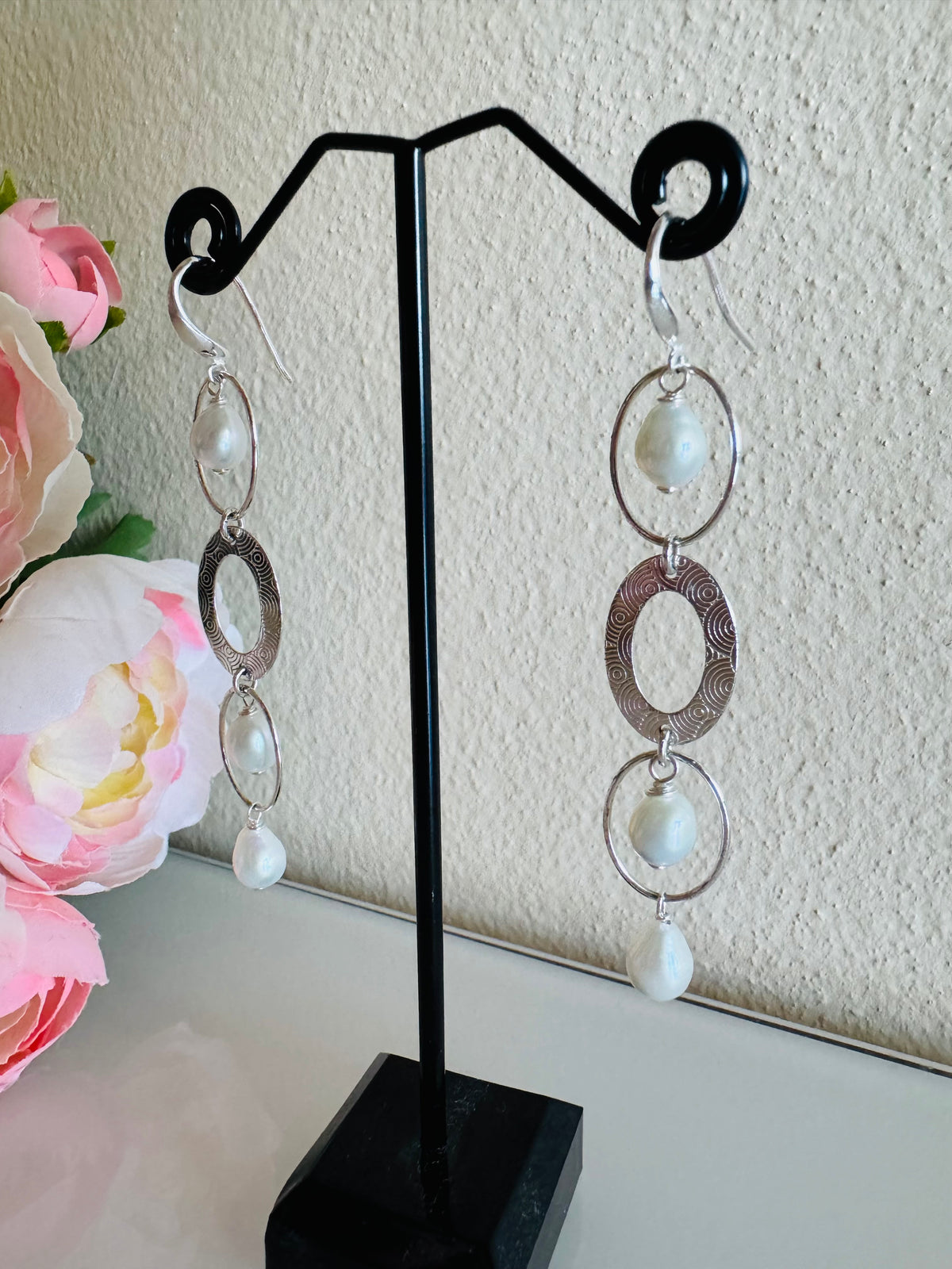 Sterling Silver Freshwater Pearl Trilogy Earrings Long Dangle Statement Earrings Handmade in Australia Gift for Her Anniversary Gift
