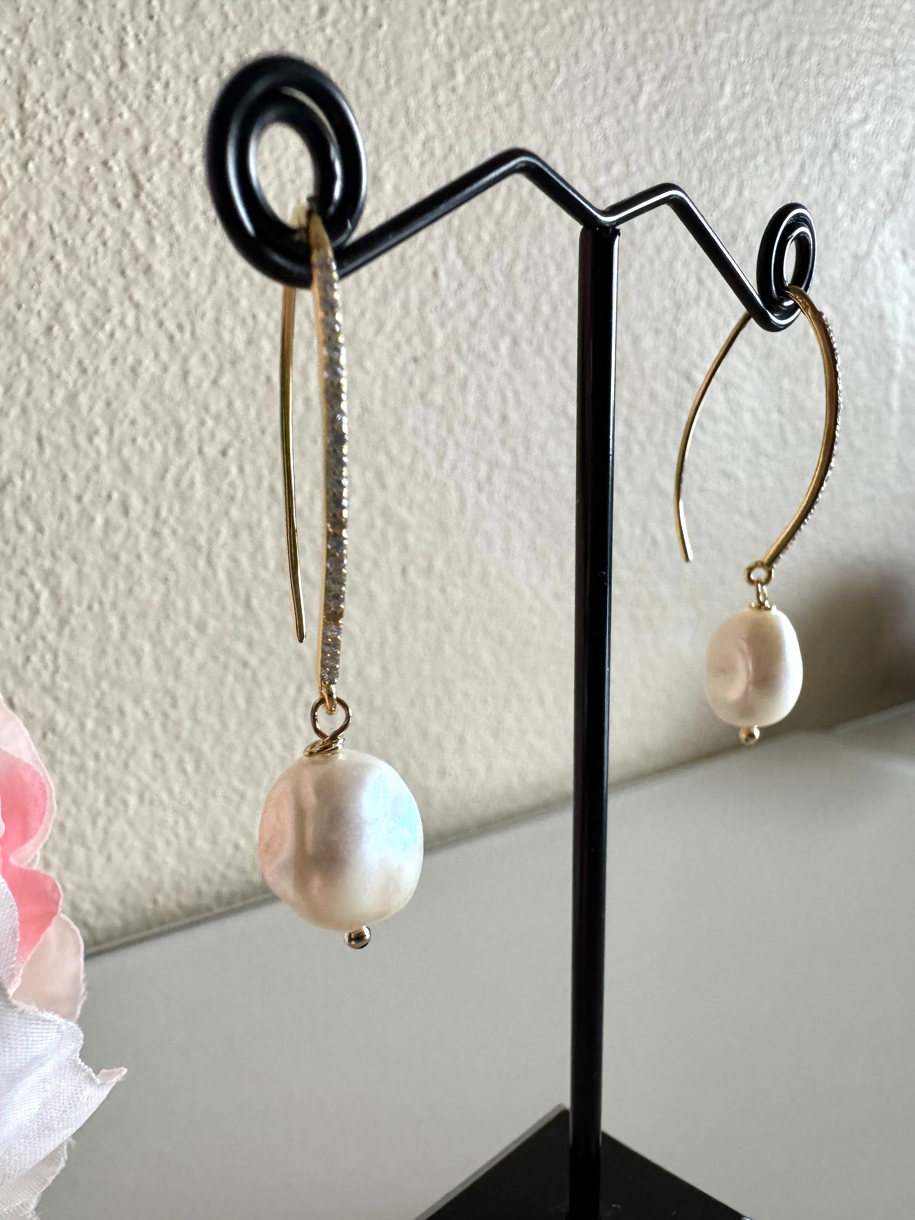 Freshwater semi baroque pearl earrings with sterling silver gold plated earring hooks