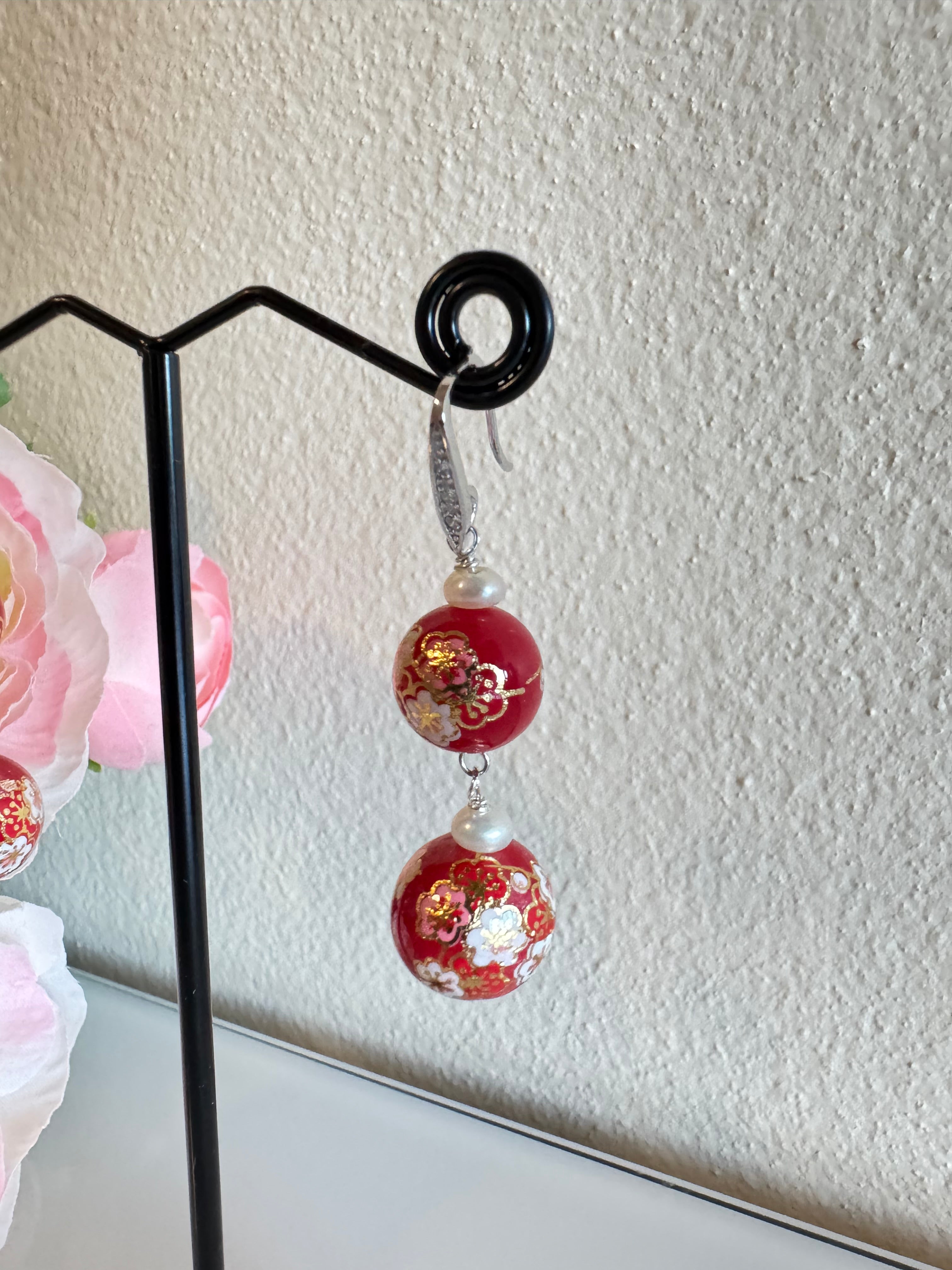 Sterling silver Japanese tensha beads and freshwater pearl earrings