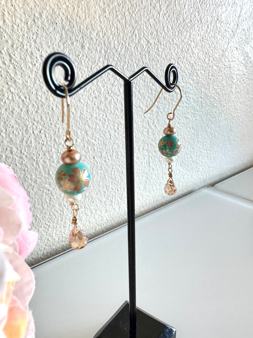 Japanese tensha beads and freshwater pearls earrings with surgical stainless gold hooks (Tarnish free)