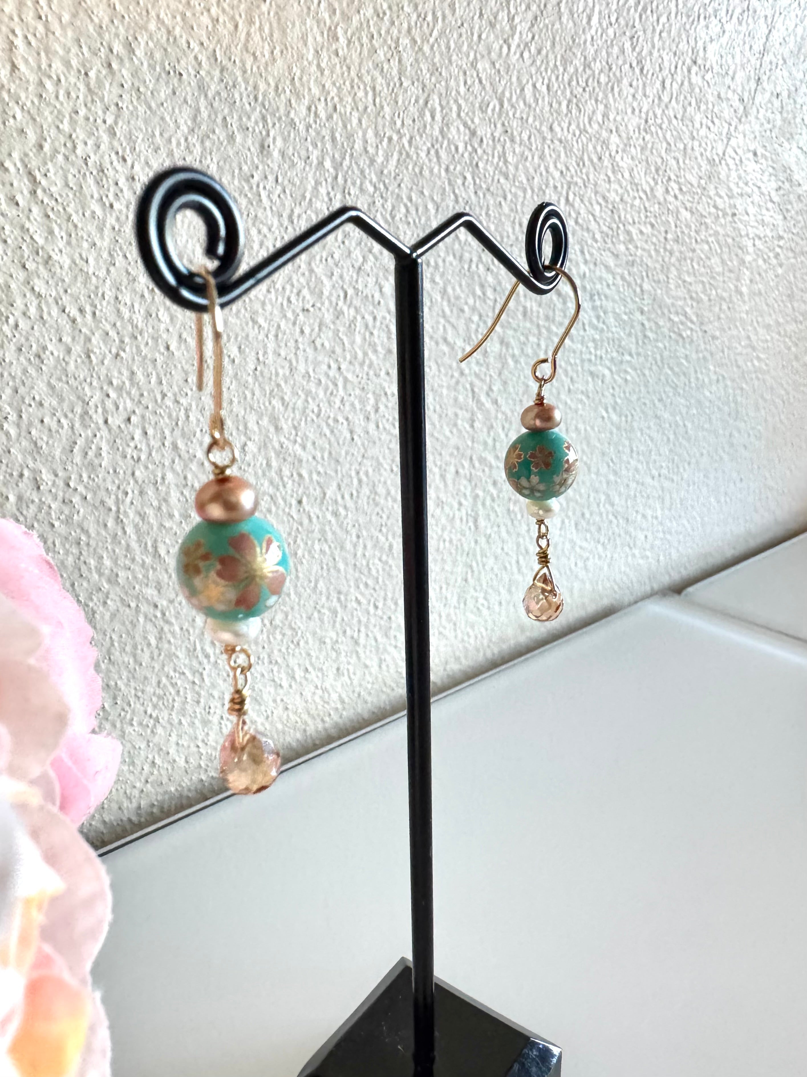 Japanese tensha beads and freshwater pearls earrings with surgical stainless gold hooks (Tarnish free)