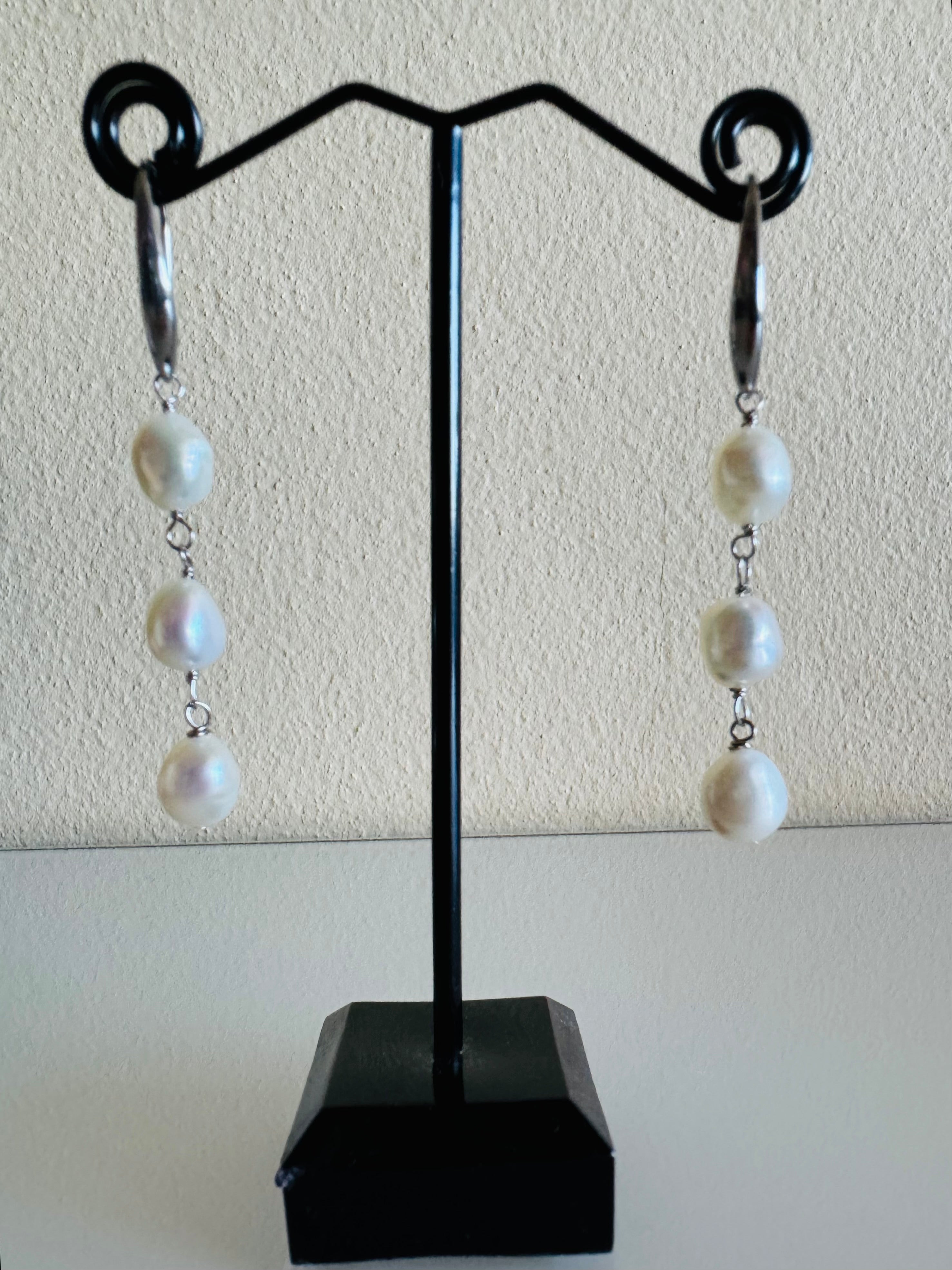 Freshwater Off Round White Pearl Trilogy Earrings with Surgical Stainless Settings, Tarnish Fee, Waterproof, Handmade Australia, Gift for Her
