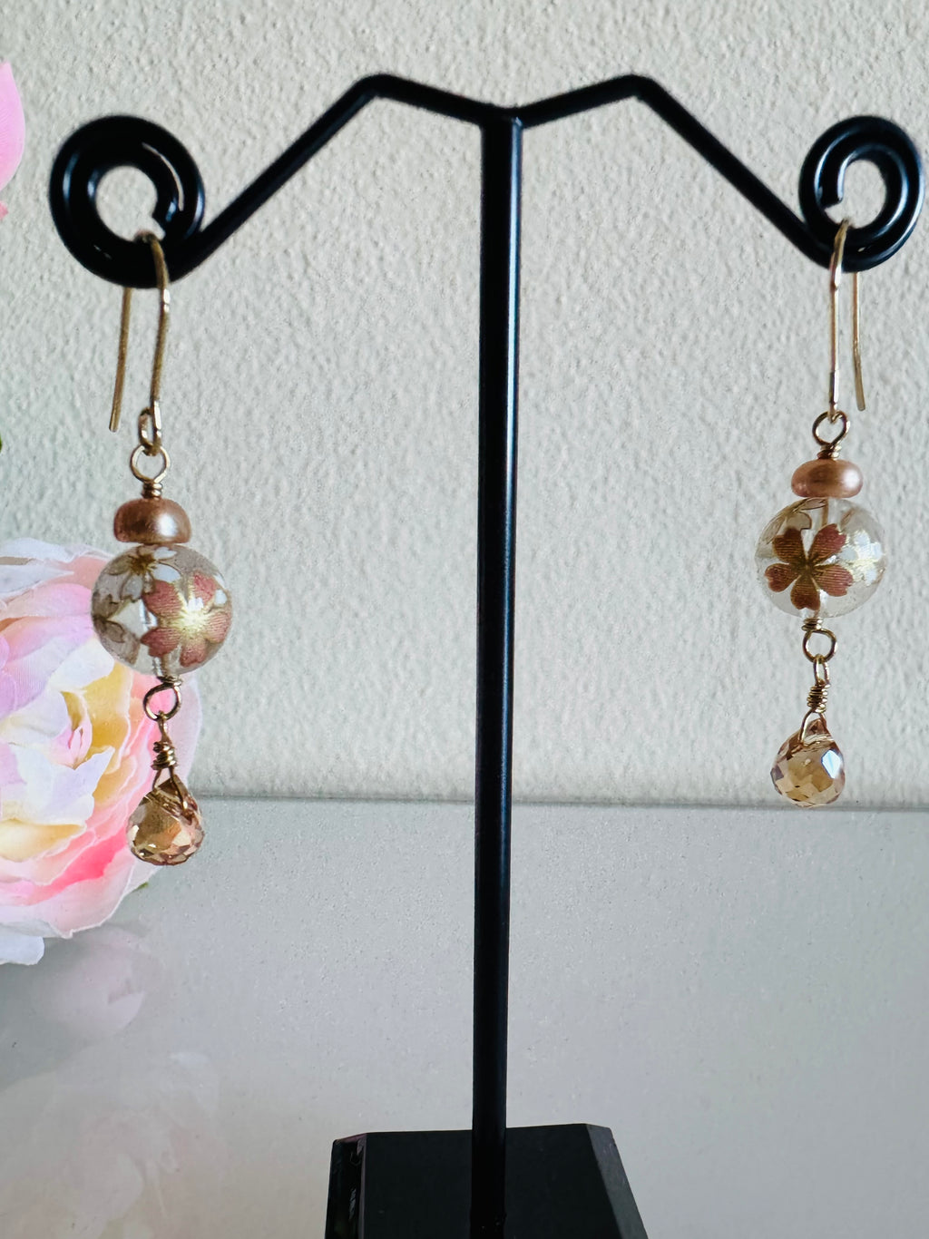 Japanese Tensha Beads and Crystal Earrings with Surgical Gold Stainless Settings