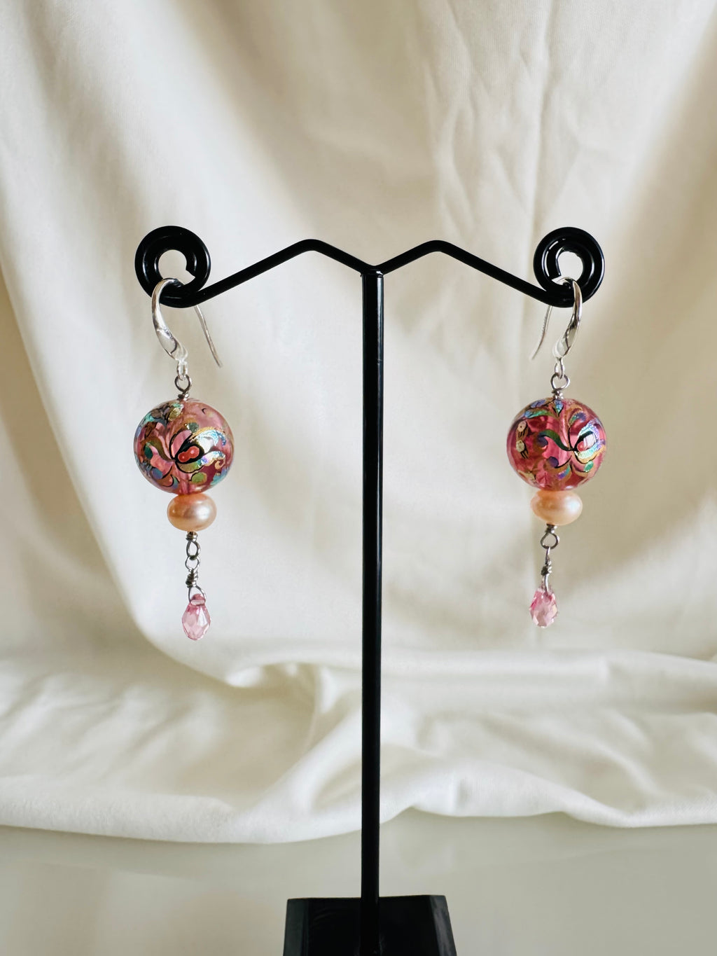 Japanese Tensha Floral Earrings, Pink Pearl Swarovski Crystal Drop, Sterling Silver Hooks