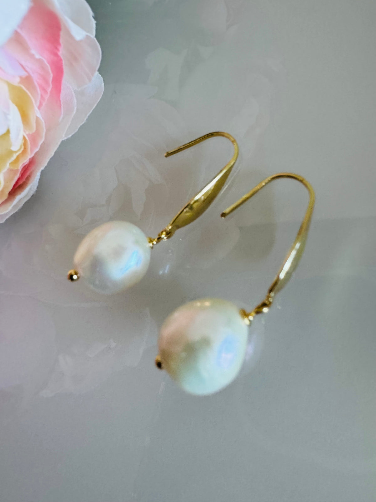 Freshwater Off Round Pearl Drop Earrings, Surgical Stainless Gold Dangle Earrings, Handmade Australian Jewellery, Gift For Her
