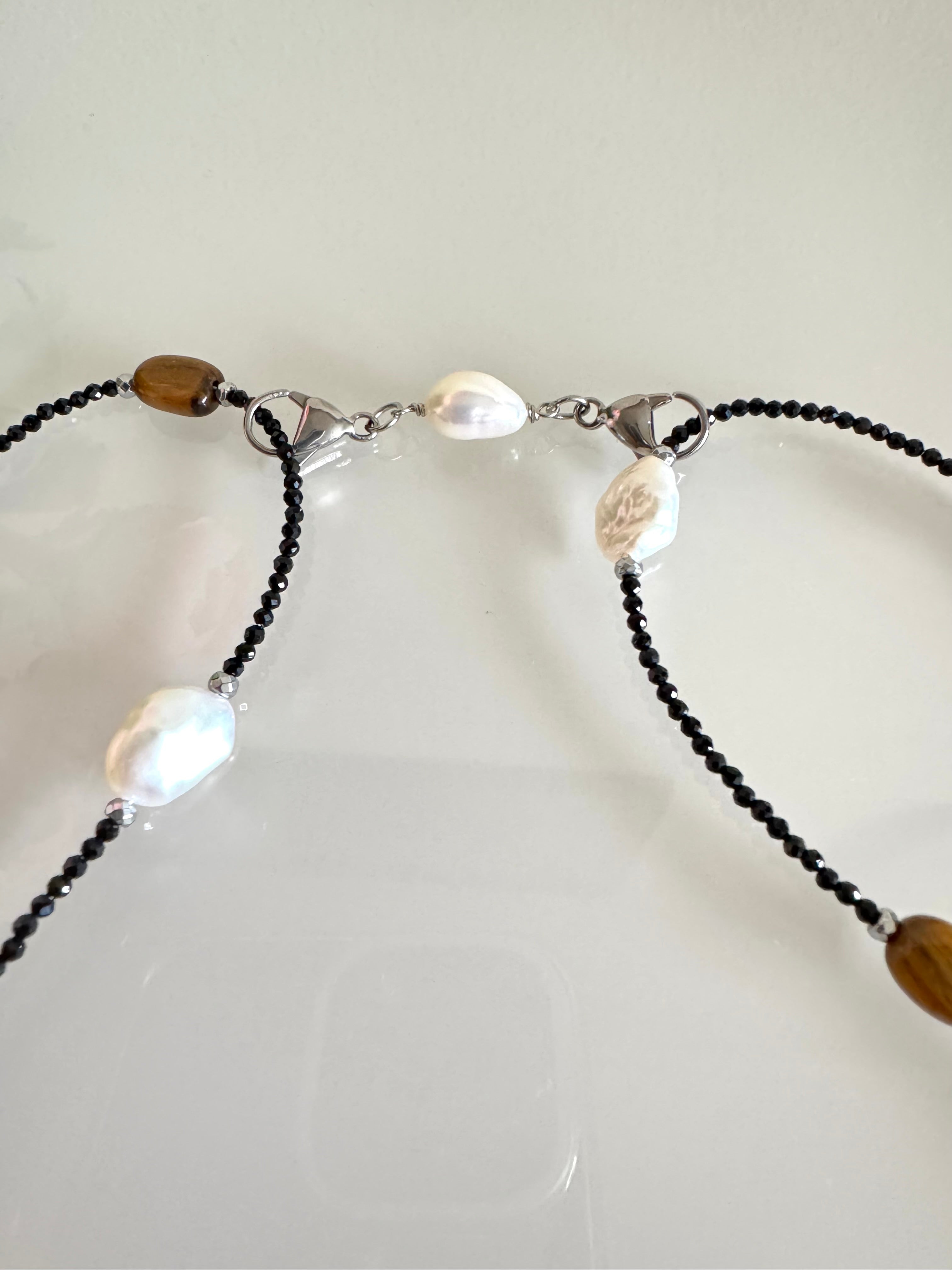 Black spinel, Tiger’s eye, freshwater pearl and hematite long necklace plus shorten clasps 
