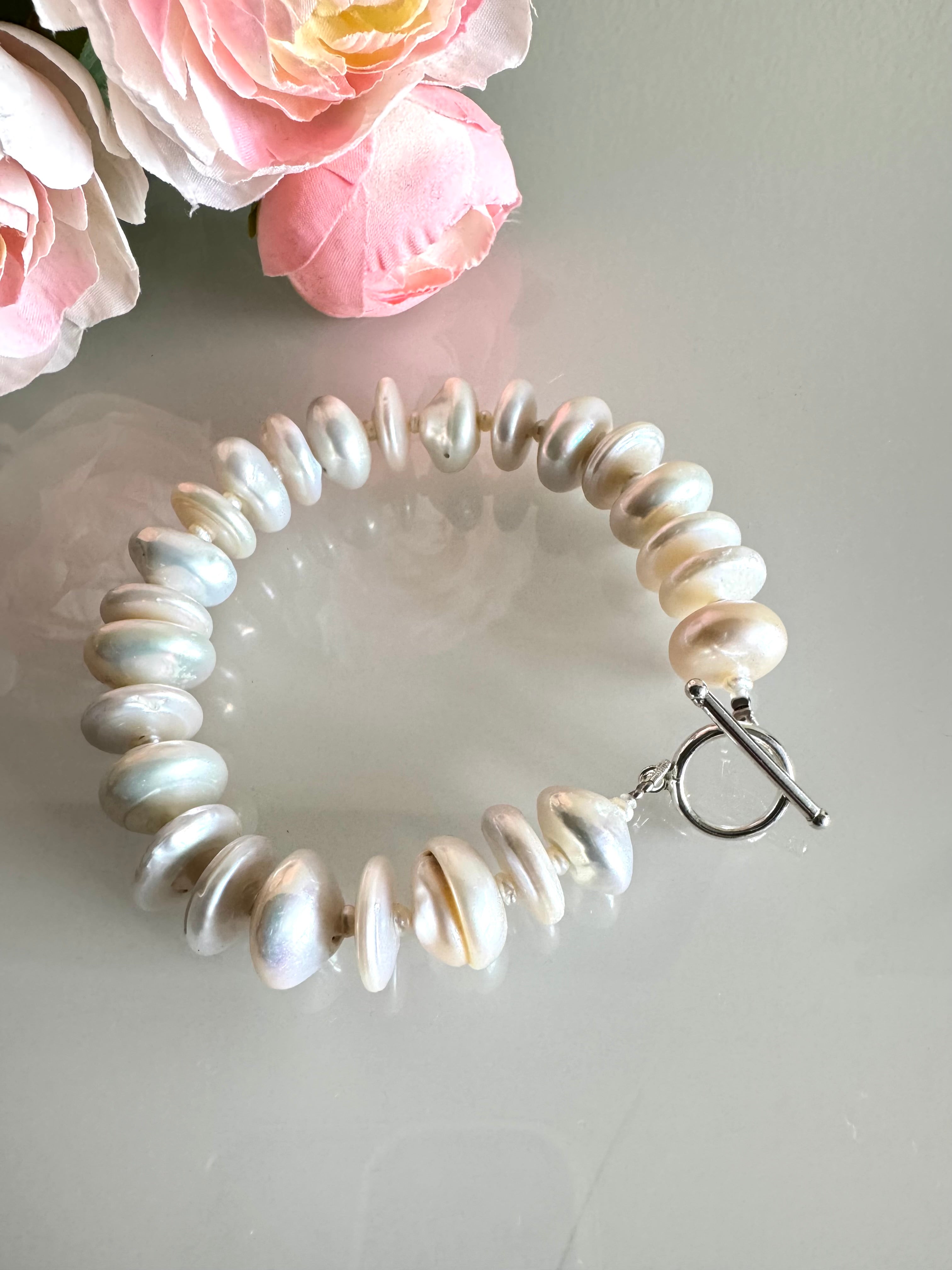 Sterling silver freshwater coin shape pearl bracelet
