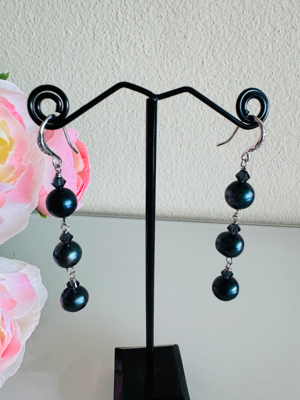 Black Freshwater Off Round Pearl Drop Trilogy Earrings With 925 Silver Hooks, Swarovski Crystals, Dangle Earrings, Anniversary Gift,