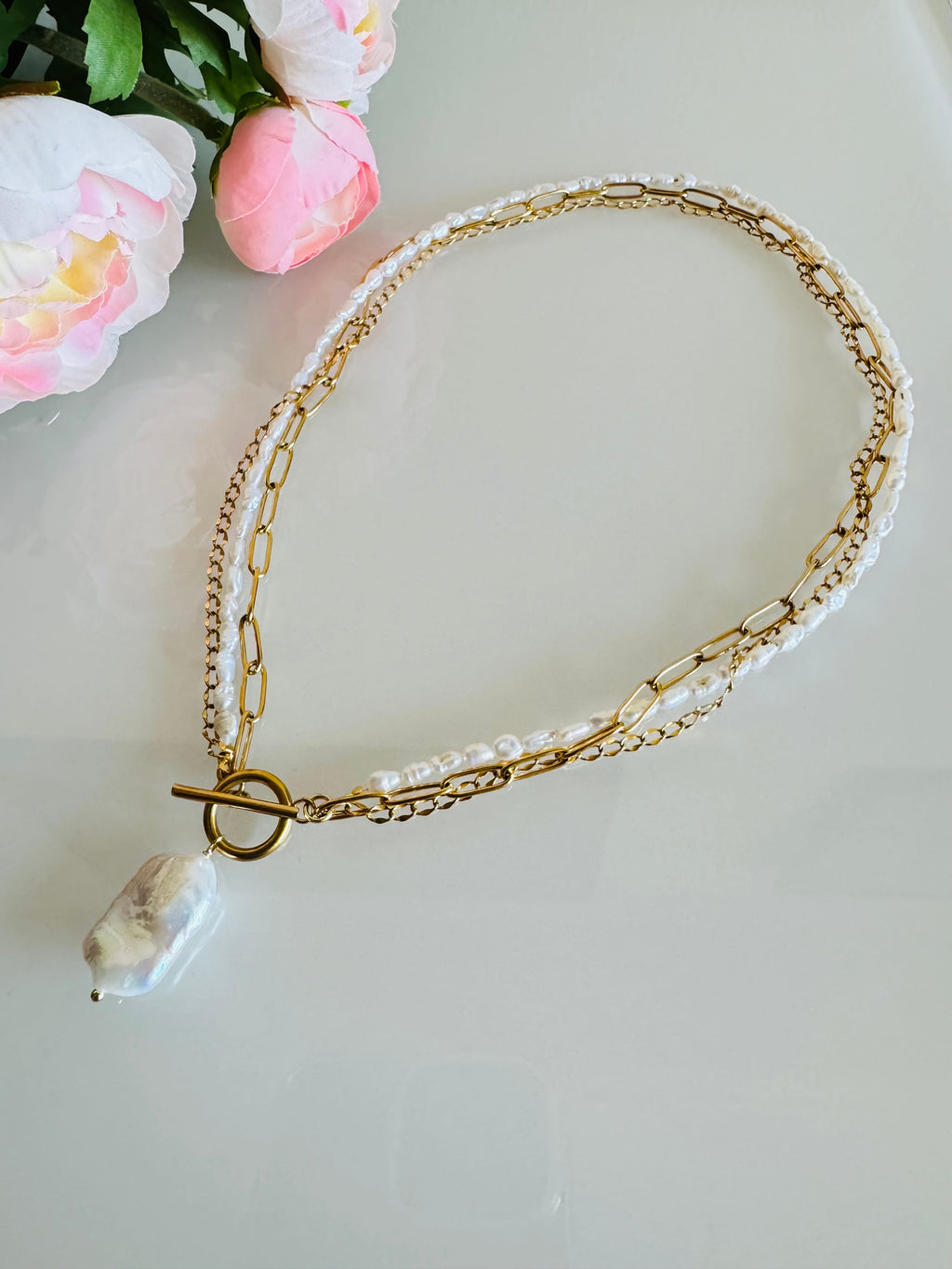 Large Flat Baroque Pearl Pendant with Surgical Stainless Chains, Genuine Natural pearl Necklace, Tarnish Free, Handcrafted in Australia
