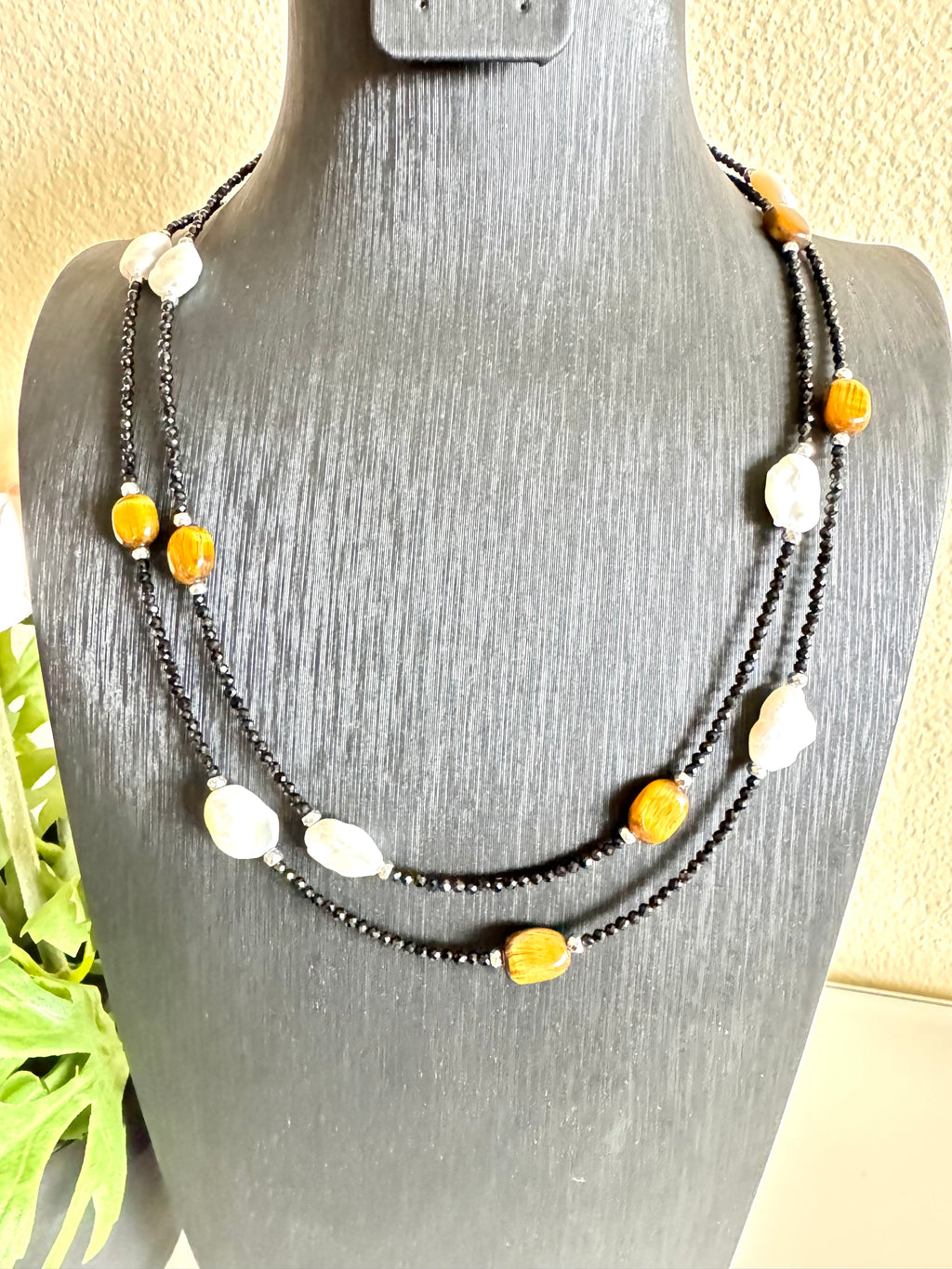 Black spinel, Tiger’s eye, freshwater pearl and hematite long necklace plus shorten clasps 