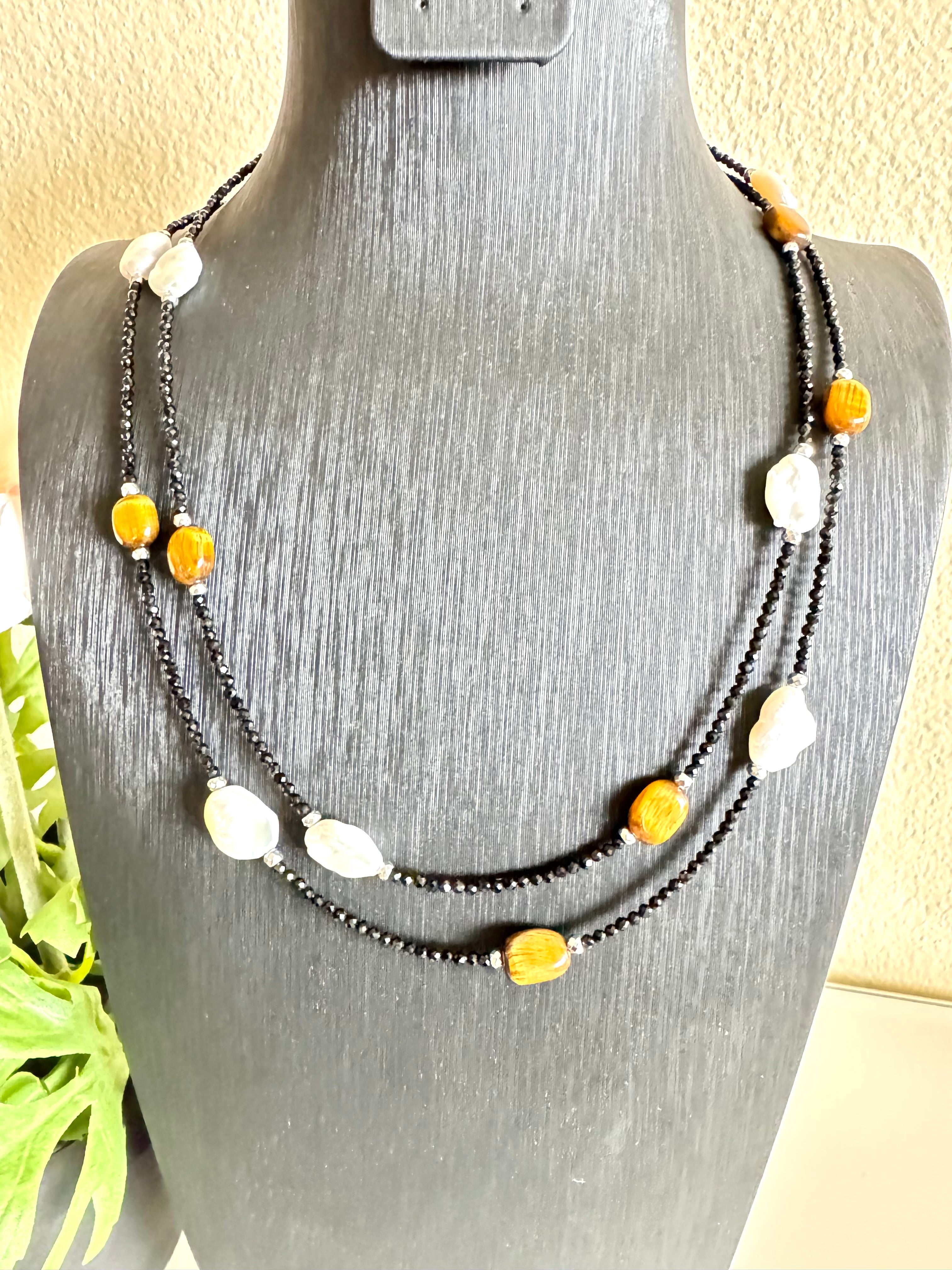 Black spinel, Tiger’s eye, freshwater pearl and hematite long necklace plus shorten clasps 